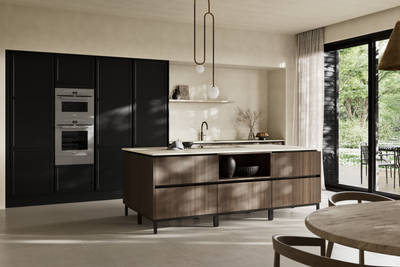 Handleless Integra Brunswick Sumi Black ultra-slim super-matt Shaker design and handleless rail system, with built-in ovens,  Portobello kitchen island and soft white marbled worktop and upstand, brushed brass tap.