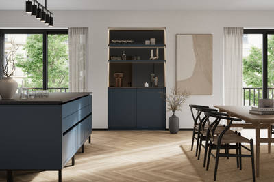 Handleless Integra Brunswick kitchen island and sideboard with an ultra-slim super-matt Shaker design and handleless rail system, in dark blue shade Voyage Blue, with black accessories and fluted glass wall cabinets