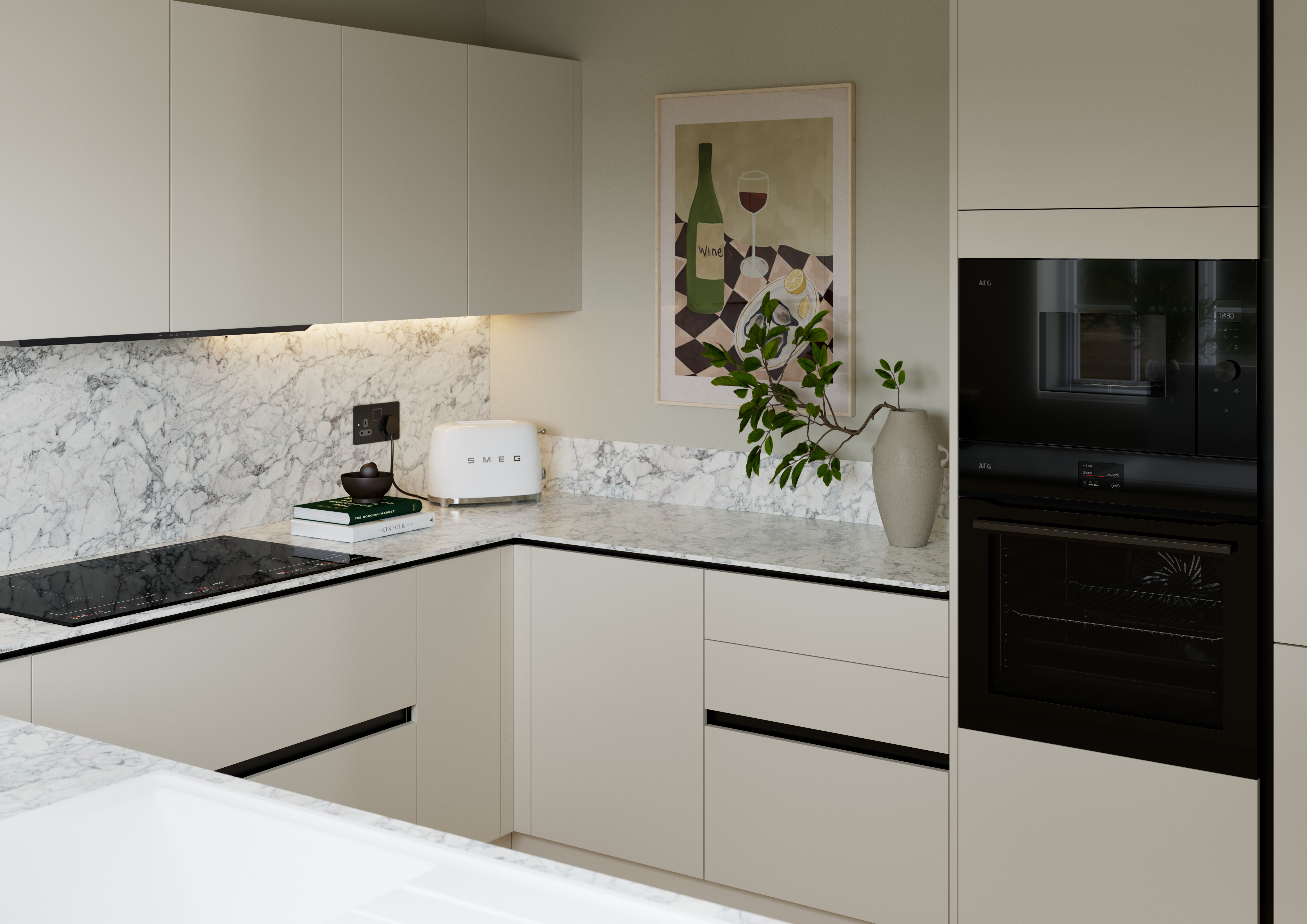 Light neutral shade fluted kitchen  with integrated appliances, white and grey marble worktop and upstand.