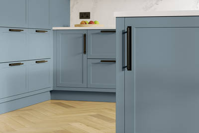 Dunham in shade Portland Blue has a thin frame and smooth painted finish with no visible woodgrain, providing a contemporary feel to a traditional look.