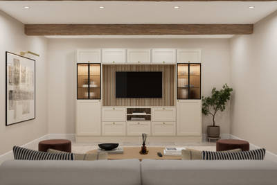 Media wall with Ambleside Shaker style cabinets, with sleek and modern frame width in the beige neutral cream shade Sand and fluted glass black aliminum framed vitrine.