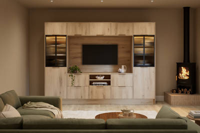 Media wall with Portobello Italian-made woodgrain textured cabinets and fluted glass black aliminum framed vitrine.