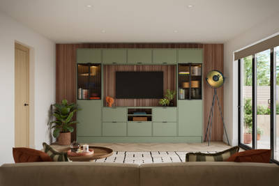 Media wall with modern slag-door contemporary Ascoli Woodland Green cabinetry with vitrine cabinets, fluted glass amd wood wall panelling.