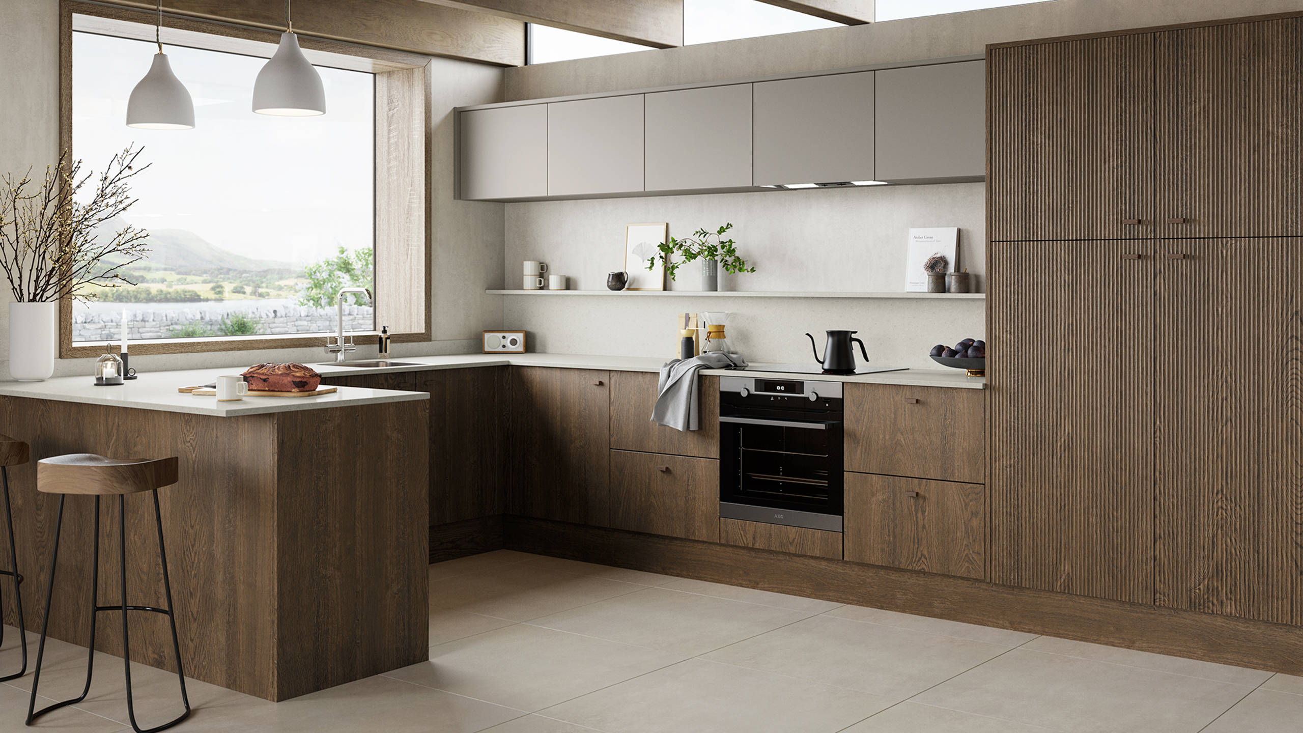 Nordic Nature. Modern wooden kitchen design with a Nordic influence. Featured floating worktops, a ribbed plinth and rounded end panels.