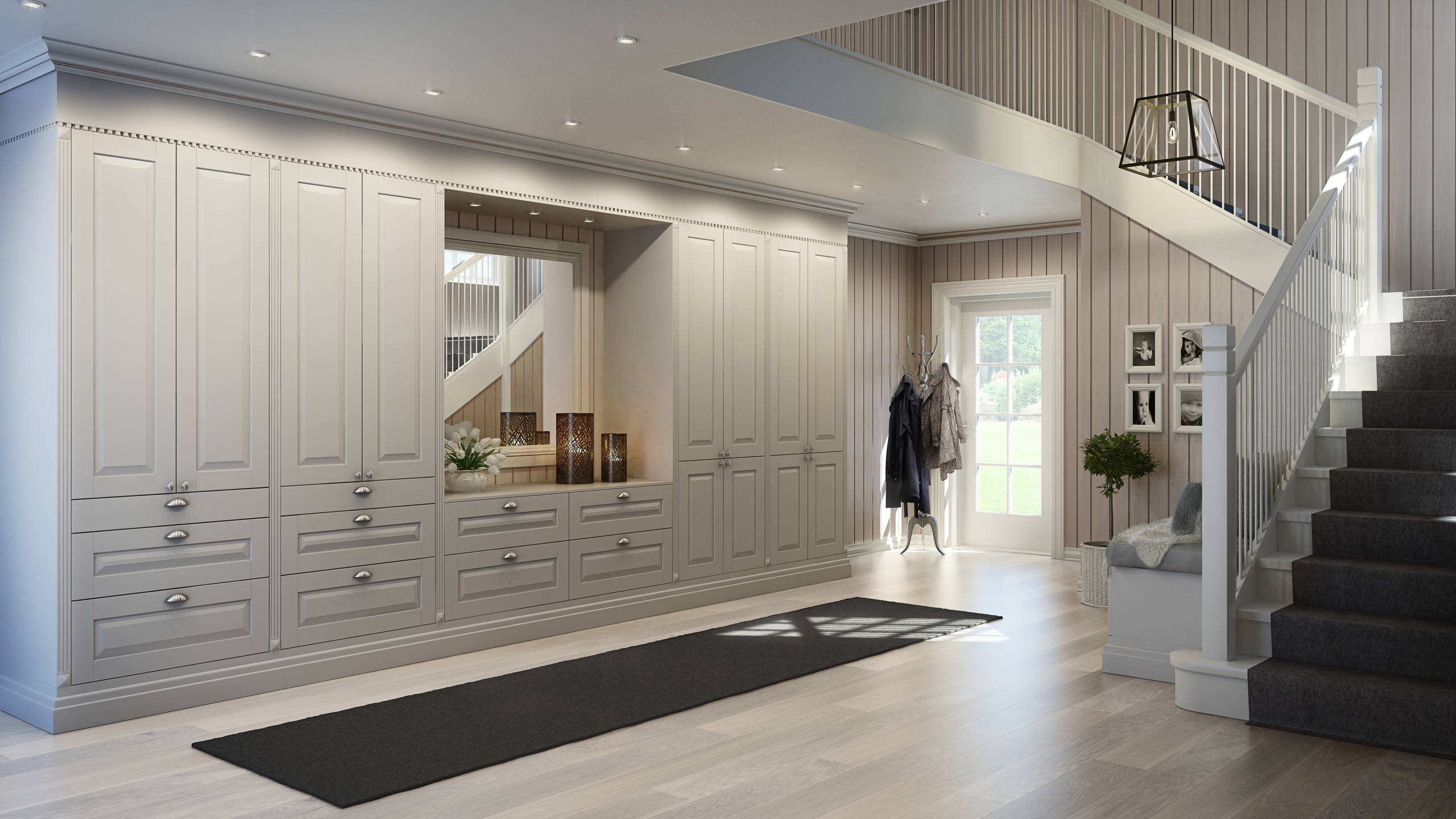 Enten du vil bygge et innbydende inngangsparti eller en plassrik soveromsgarderobe er Herregaard en svært anvendelig modell som kan tilpasse alle romstørrelser og planløsninger. Hjemmet ditt får et herskapelig klassisk preg, med fremtrukket sokkel, profilerte fronter og listverk.