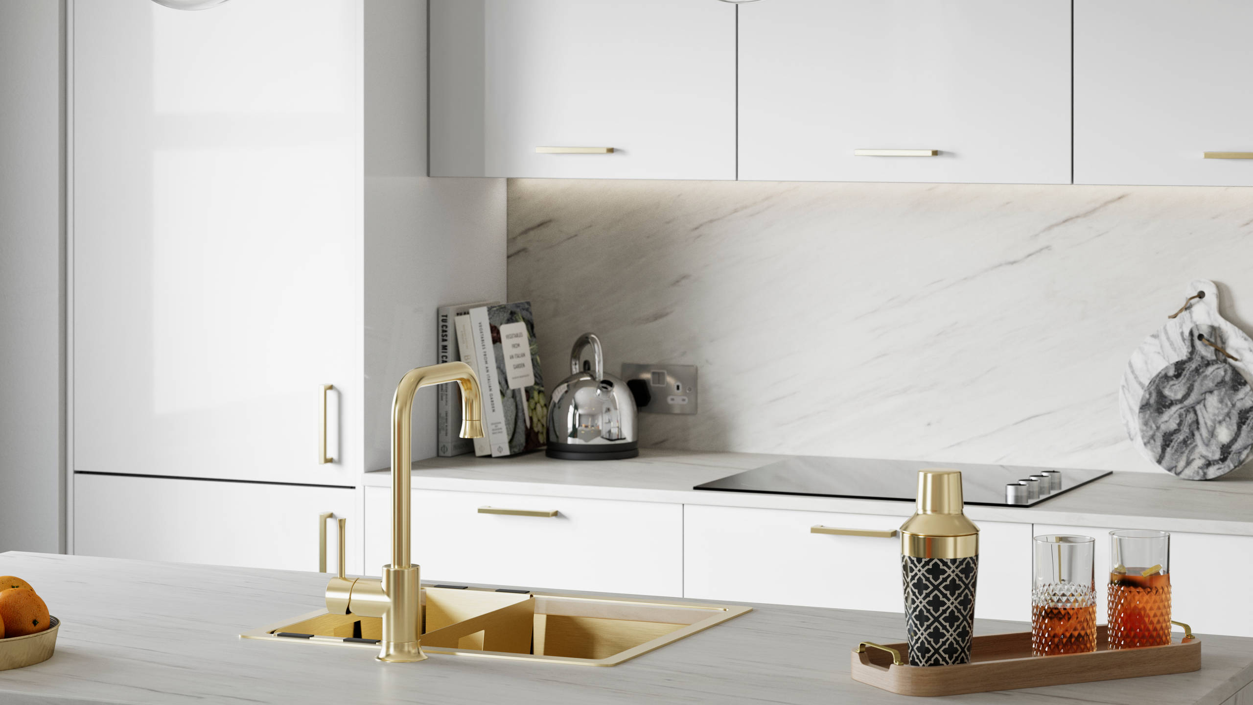 Close-up view of brass details in Nova Gloss White smooth slab surface kitchen.