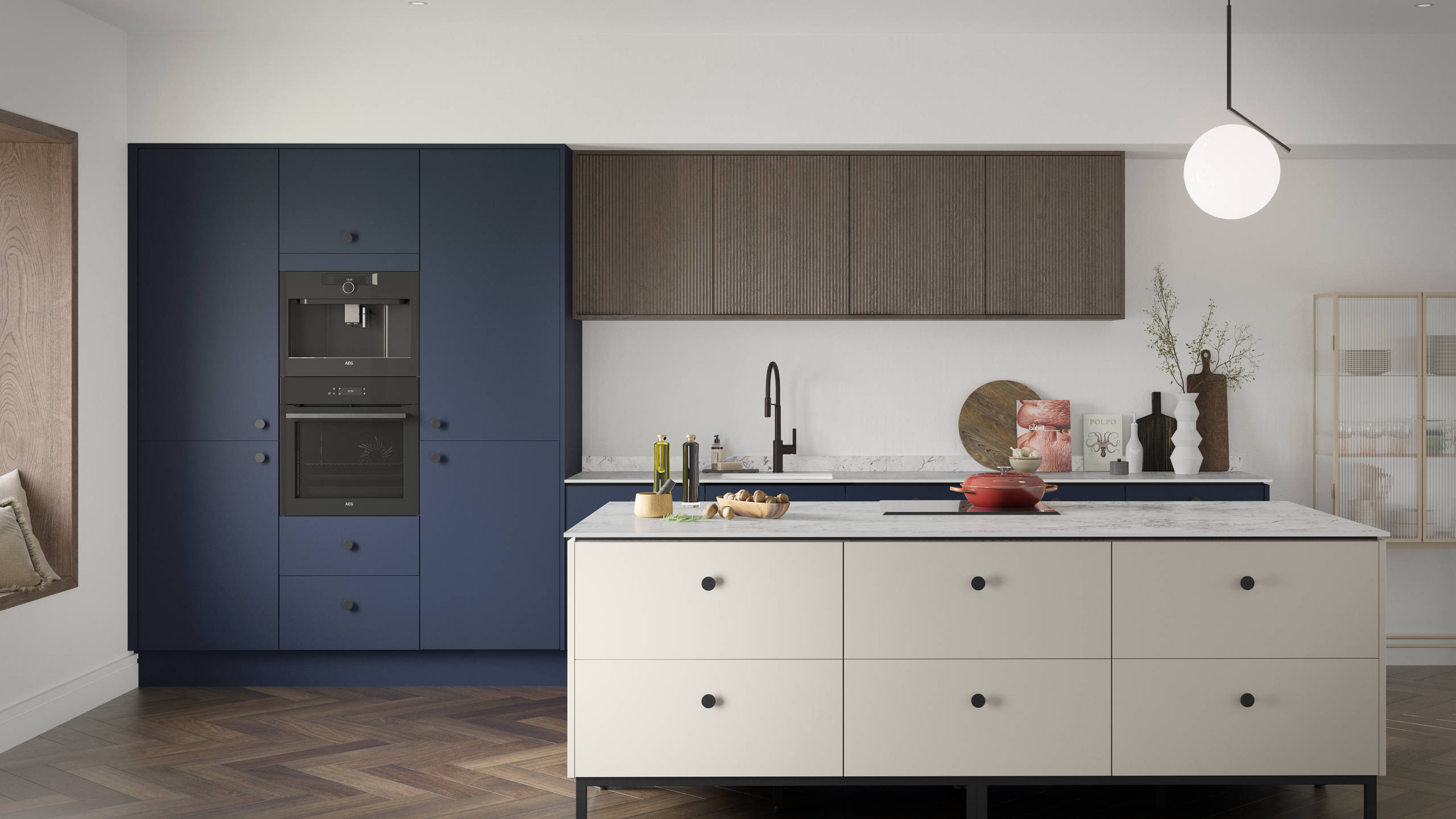 Soho Midnight kitchen with fluted wood Nordic Nature wall cabinets and Soho Dove grey kitchen island, a premium painted slab front.