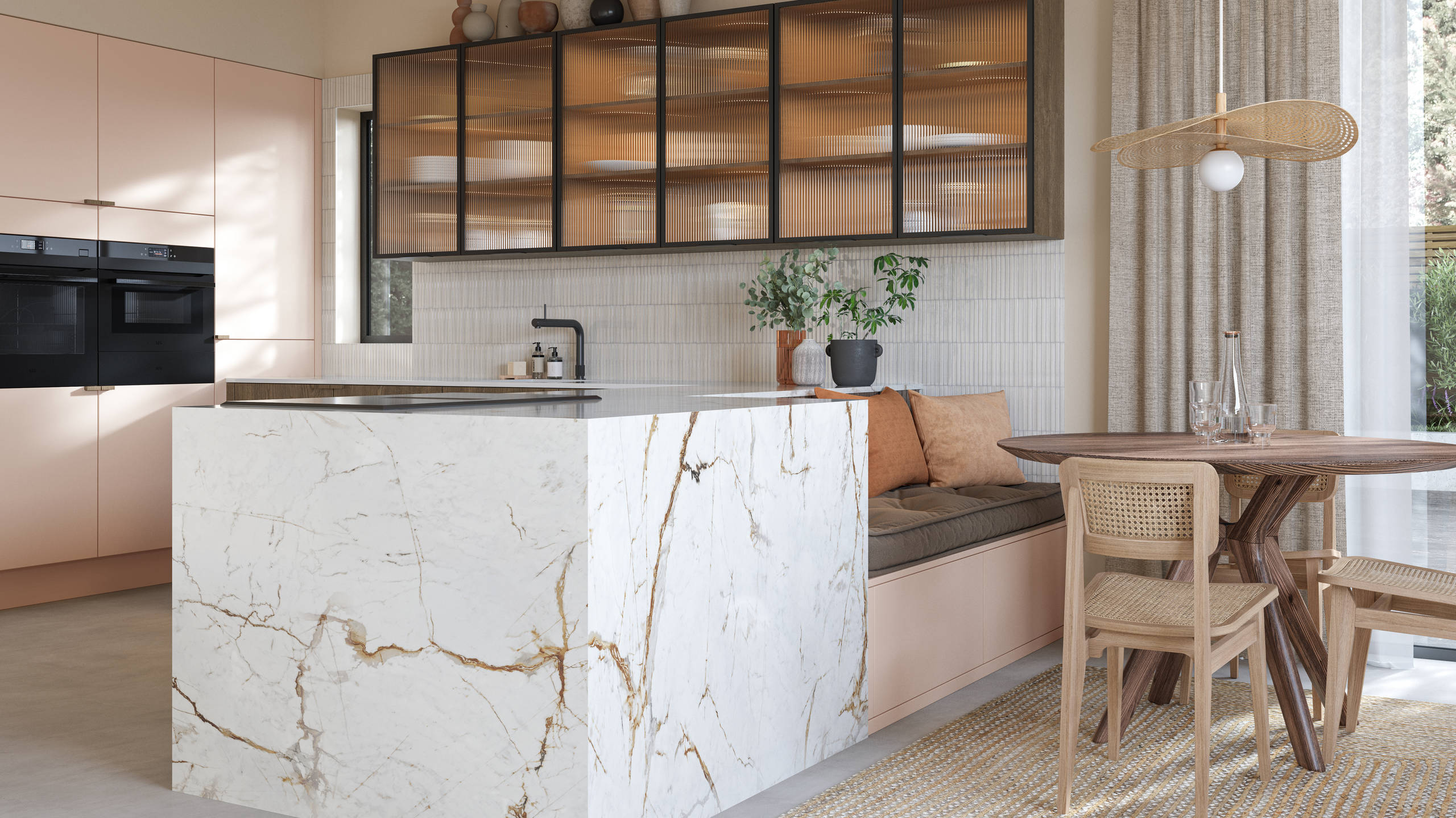 Kitchen island with marble worktop and matching marble decor sides as well as seating in Soho Chalk Blush and Nordic Nature from Magnet.