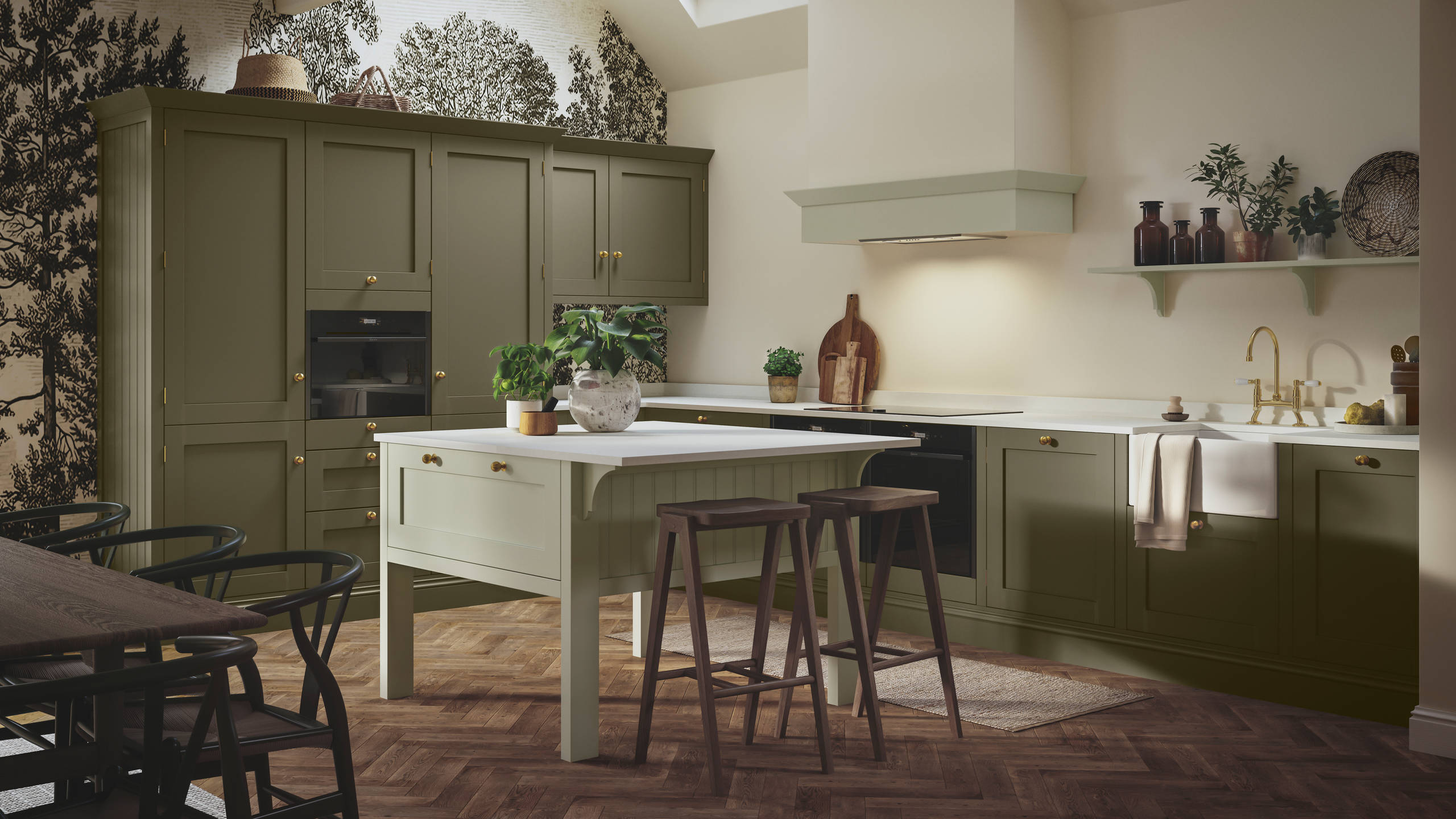 Wardley Arboretum cabinets paired with brass handles and kitchen tap makes an an elegant, contemporary Shaker kitchen, with a lighter shade kitchen island.