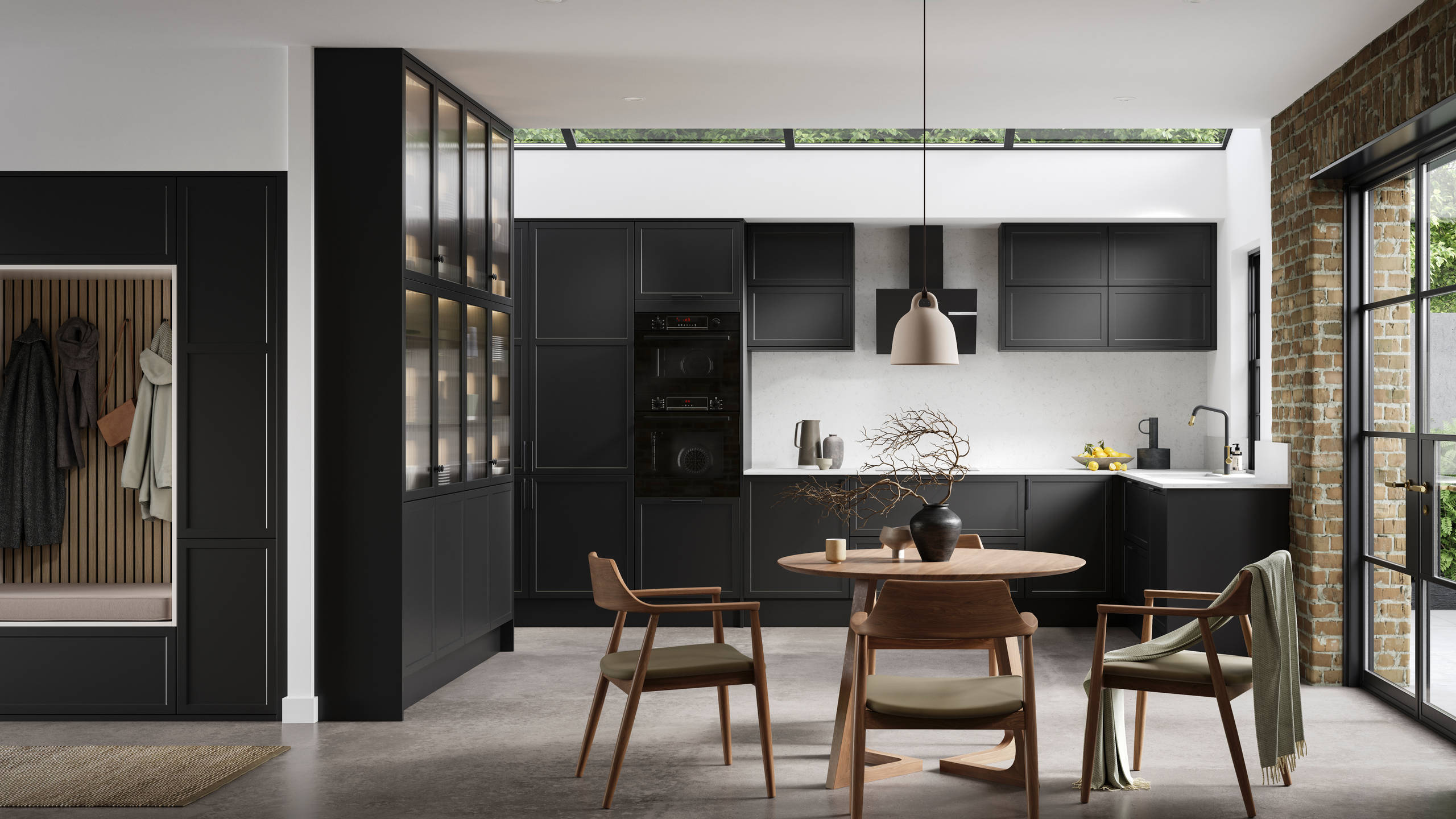 Modern Shaker kitchen Brunswick Sumi Black handleless with integrated ovens in tall cabinetry, open layout living room with wood dining table, hallway cabinetry with coat hangers and akupanel.