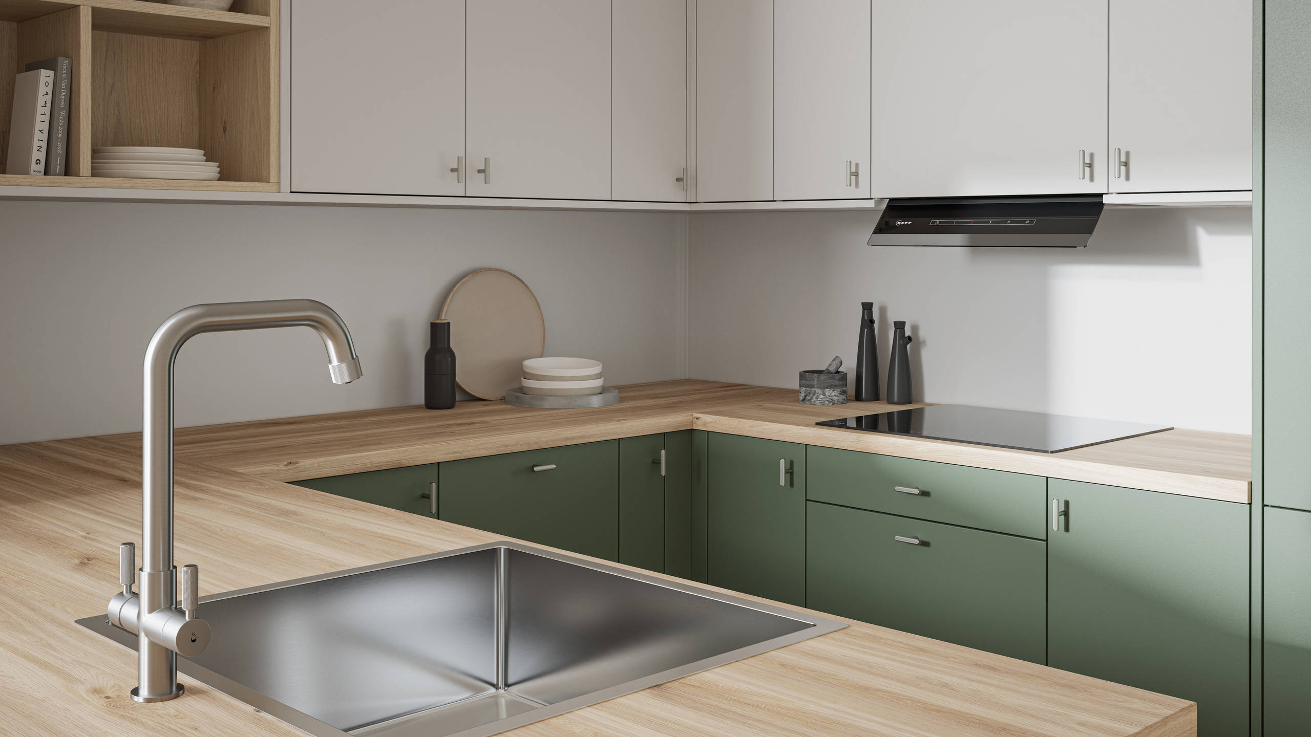 Oak laminate worktop in contemporary scandi influenced Ascoli Woodland and light grey kitchen, with a steel sink and tap and knurled brushed nickel t-bar knobs.