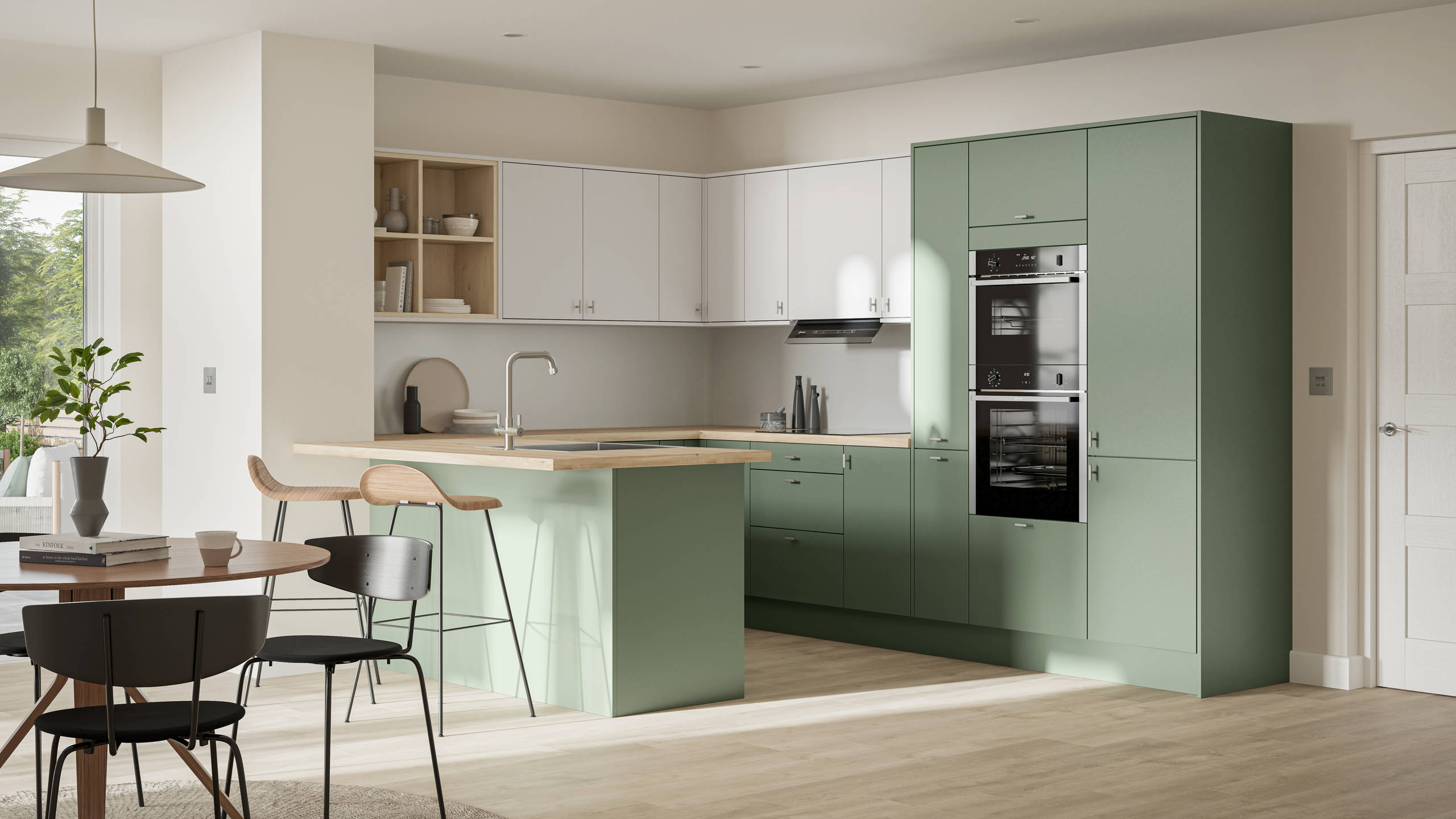 Contemporary scandinavian influenced Ascoli kitchen in fresh shade green Woodland and light grey, wall cabinets with timber accents like open shelves and oak laminate worktop, matched with oak laminate flooring and wood barstools at breakfast bar.