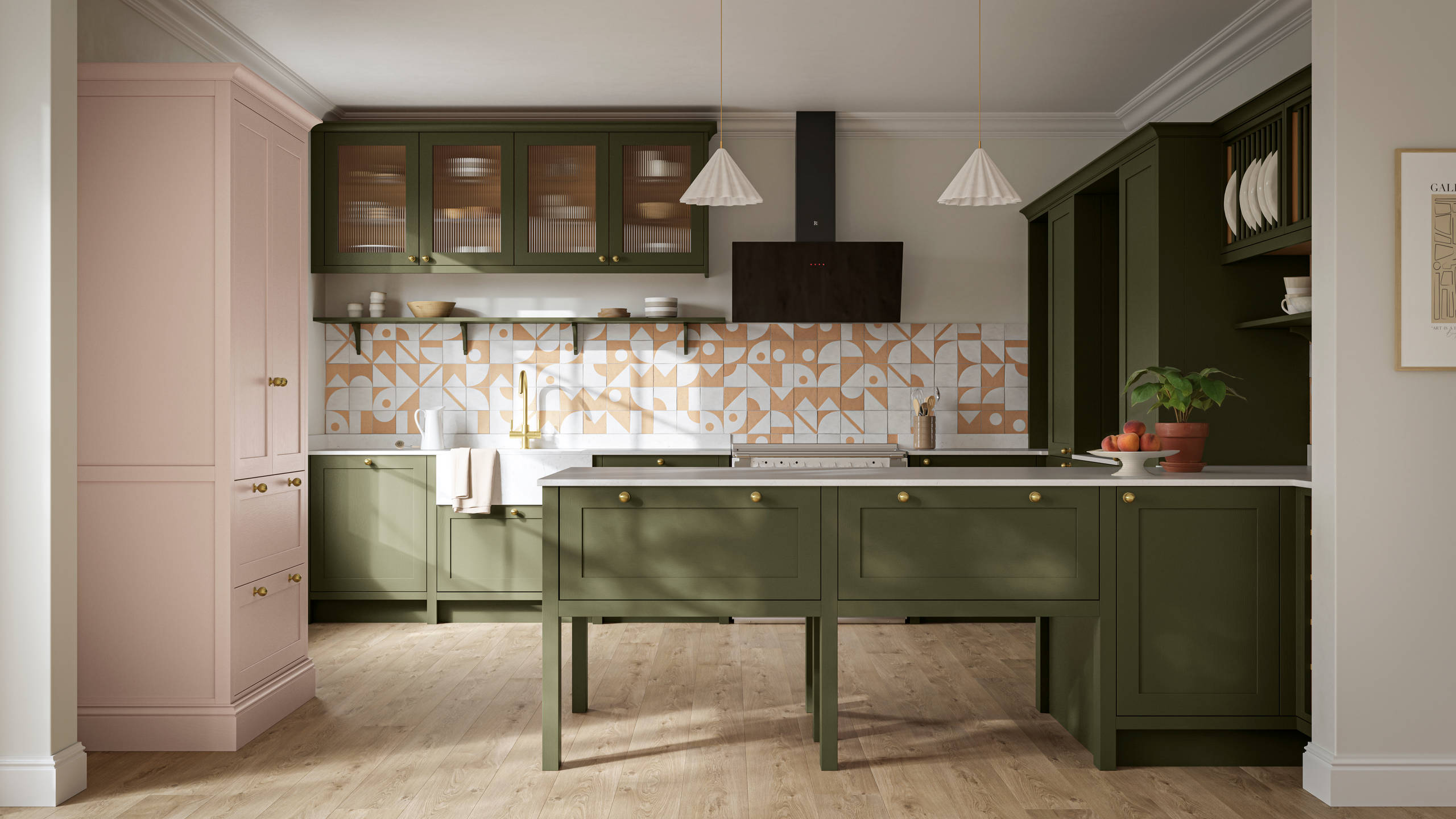 Premium Shaker kitchen Wardley Tailored green with traditional detailing, brass accessories, fluted glass wall vitrine cabinets, standalone Wardley Chalk Blush pantry, Classic Flint Grey oiled oak engineered wood flooring.