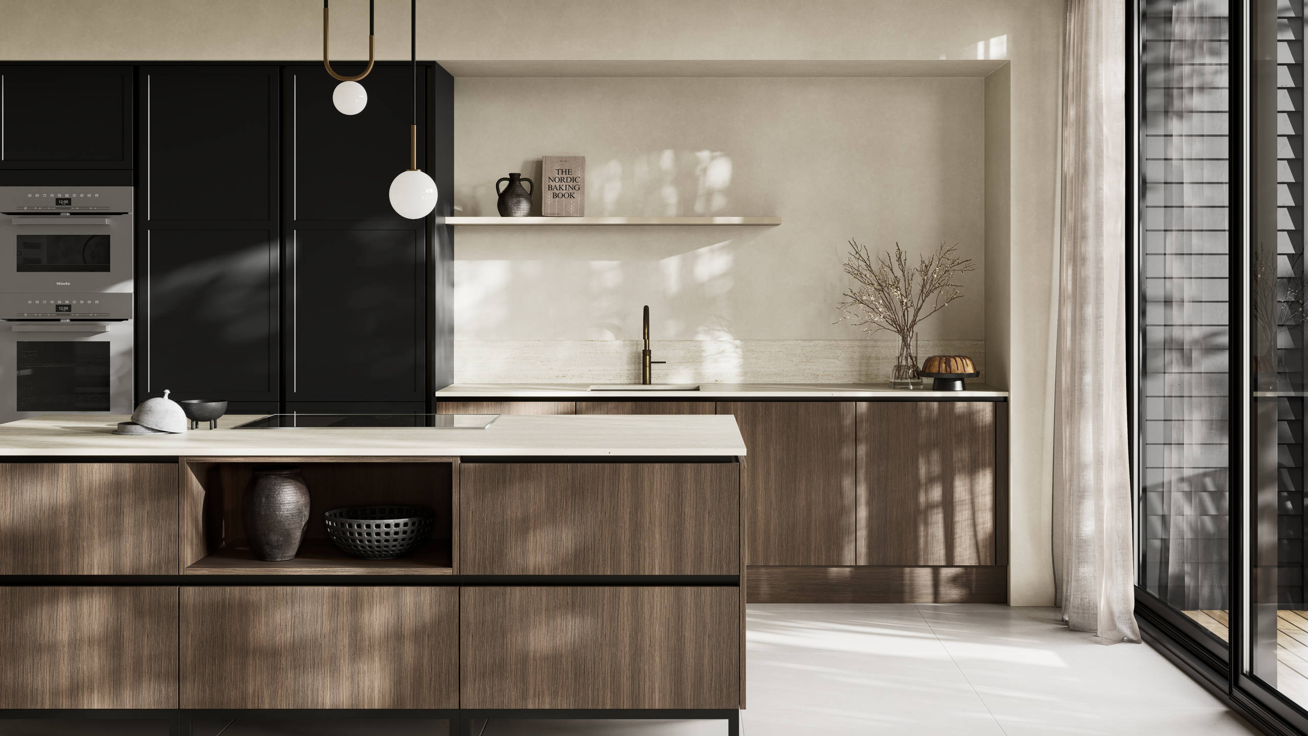 Handleless Integra Brunswick Sumi Black ultra-slim super-matt Shaker design and handleless rail system, with built-in ovens,  Portobello kitchen island and soft white marbled worktop and upstand, brushed brass tap.