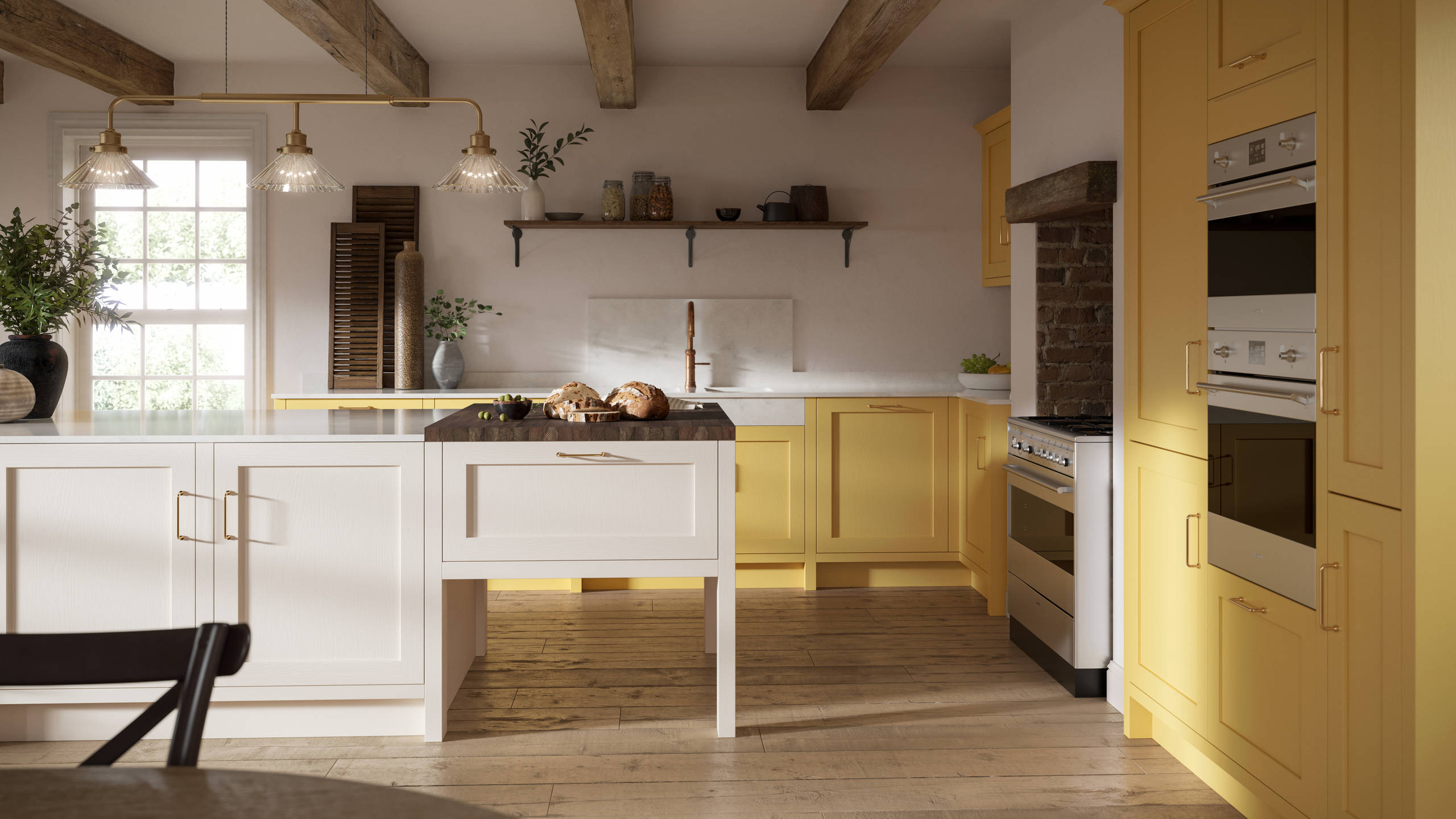 Open floorplan shaker kitchen in the bright and beautiful yellow shade Harvest, paired with a kitchen island with matching frame door cabinets in Limestone.