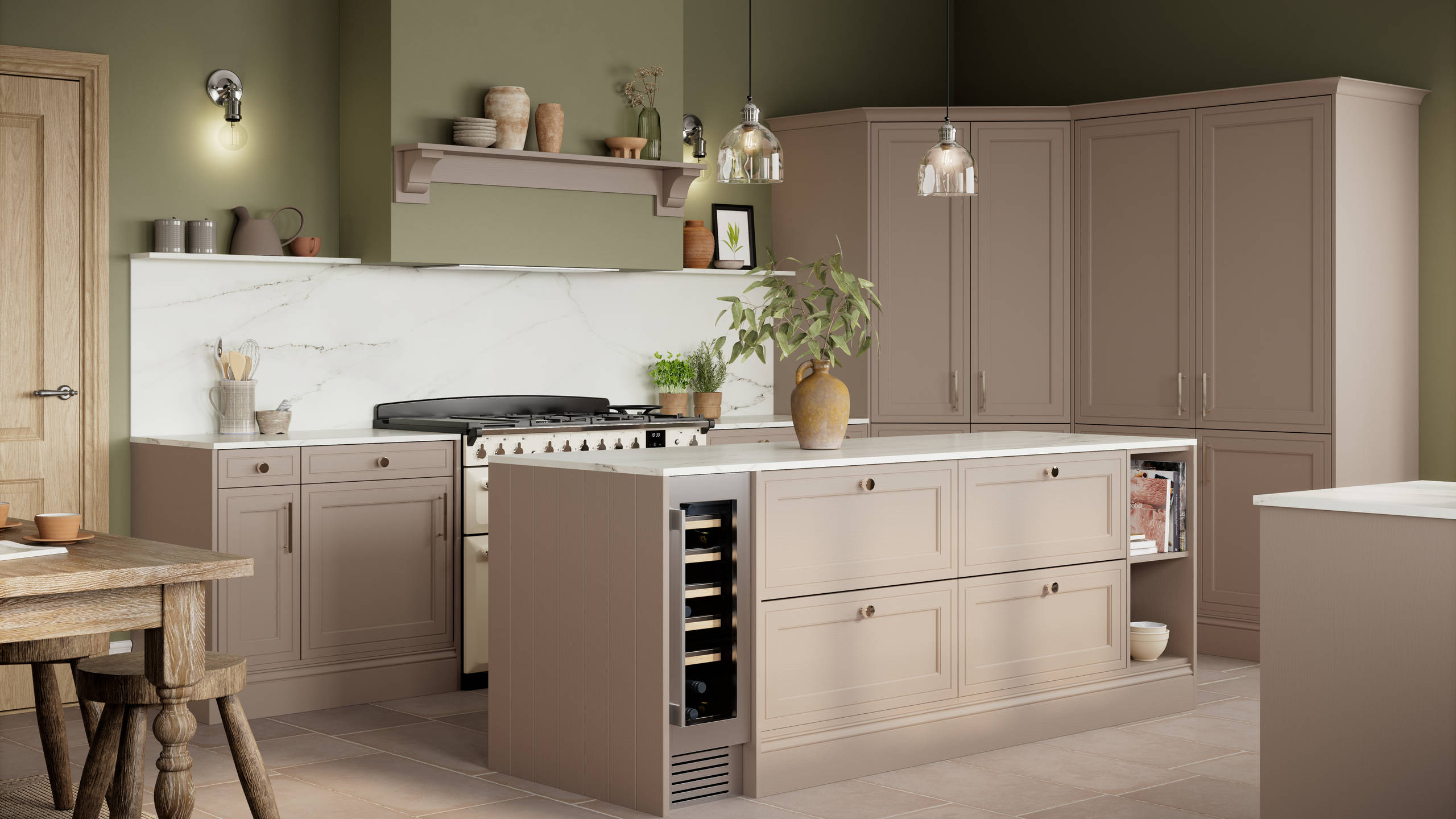 Shaker style painted wood grain Bewdley kitchen in neutral shade Cornish Clay, tall cabinets and kitchen island with marbled worktop and matching backsplash, wine cooler in the kitchen island and gas range cooker.
