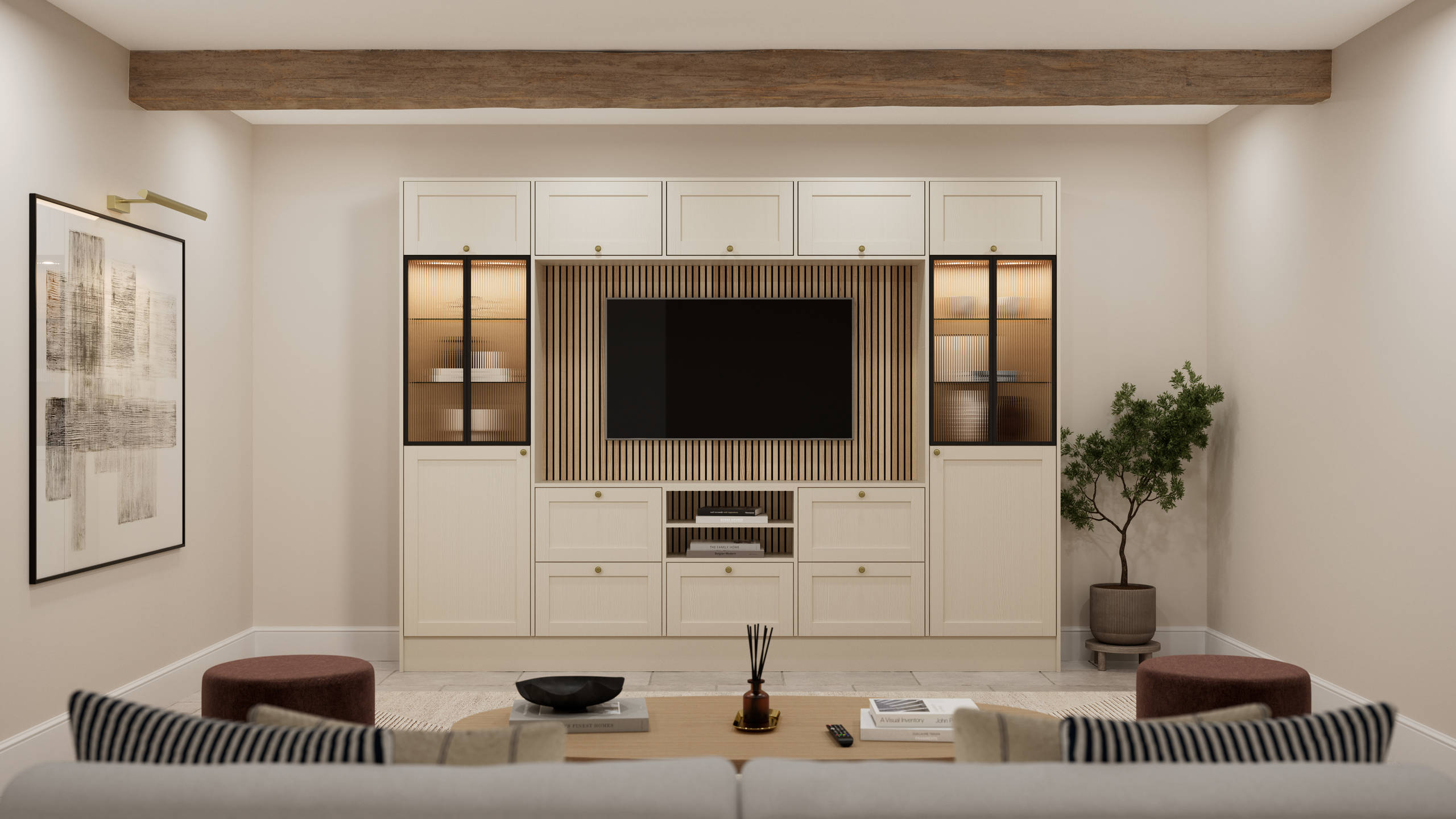 Media wall with Ambleside Shaker style cabinets, with sleek and modern frame width in the beige neutral cream shade Sand and fluted glass black aliminum framed vitrine.