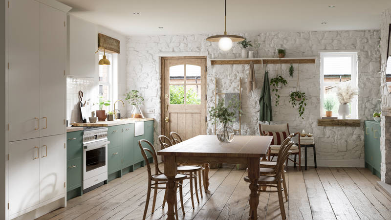 Full room view of contemporary cottage kitchen and dining room with Soho Eucaluptys and tall pantry cabinets in white.