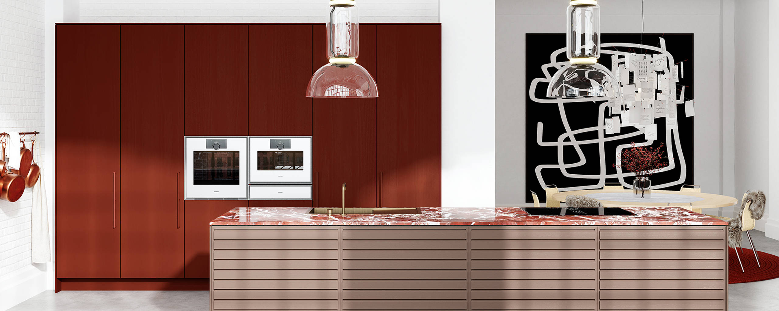 Färger i köket – rosa köksö och vinröd högskåpsvägg