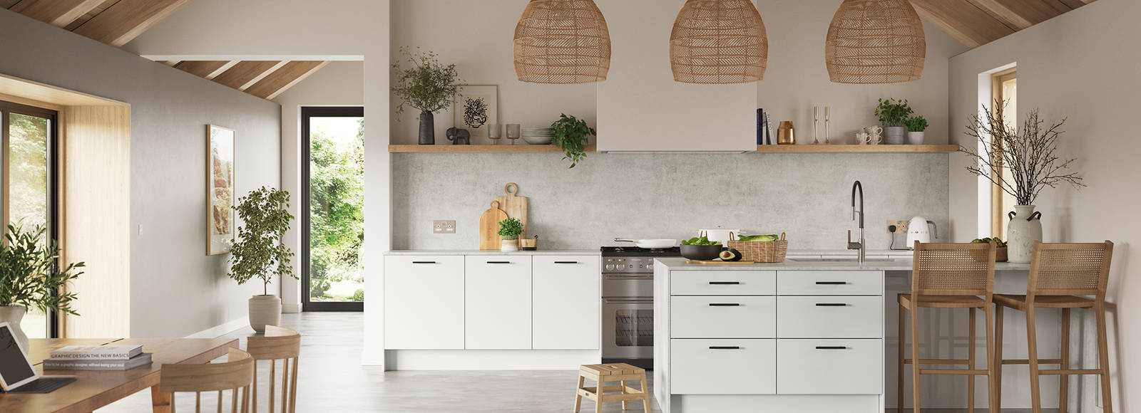 Hoxton kitchen. Smooth slab doors in a painted effect finish. Minimalist styling with your choice of handles and three colours.