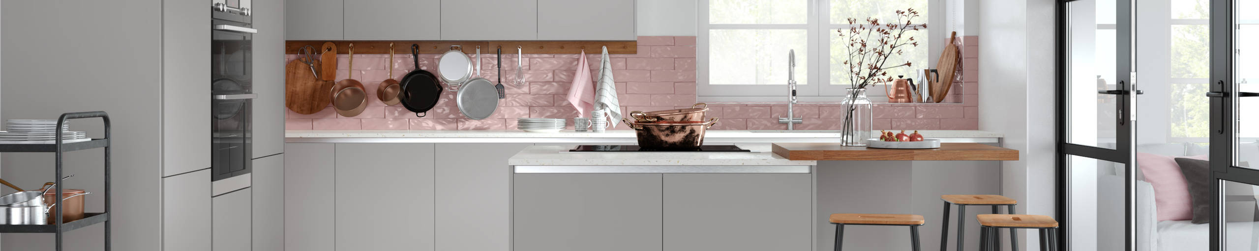 Integra Ascoli kitchen by Magnet. Matt finish handless door with trim brushed in aluminium for a high end finish.