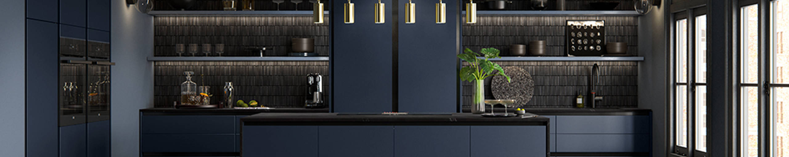 Integra Hoxton Kitchen from Magnet available in metallic midnight blue. Smooth slab doors and a painted effect finish.