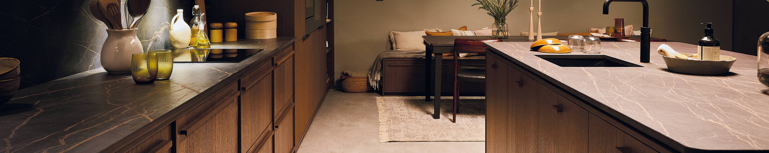 The Nordic Nature kitchen from Magnet, in a soft warm evening light.