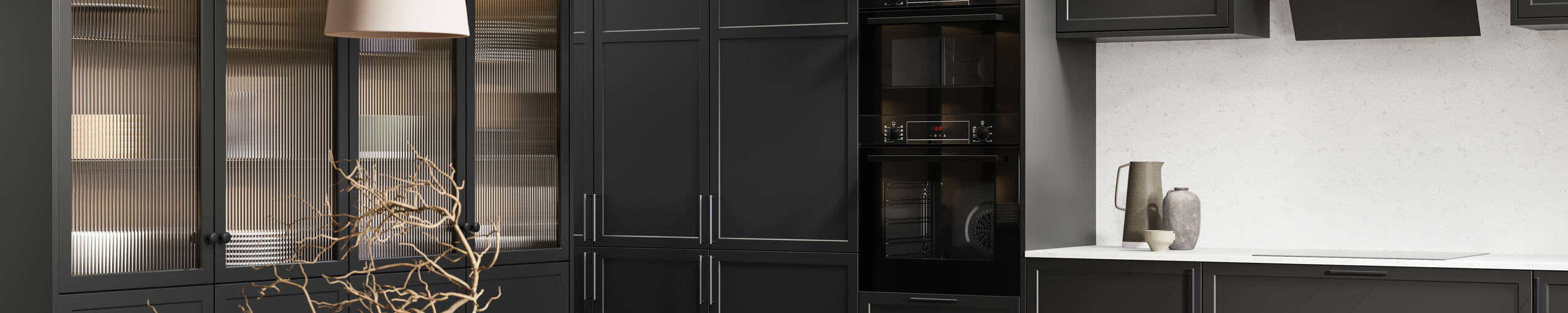 View of modern shaker kitchen Brunswick Sumi Black, with screen extractor over induction hob, tall fluted glass doorsvitrine cabinets, black frame skylights with wood dining table and chairs in foreground.