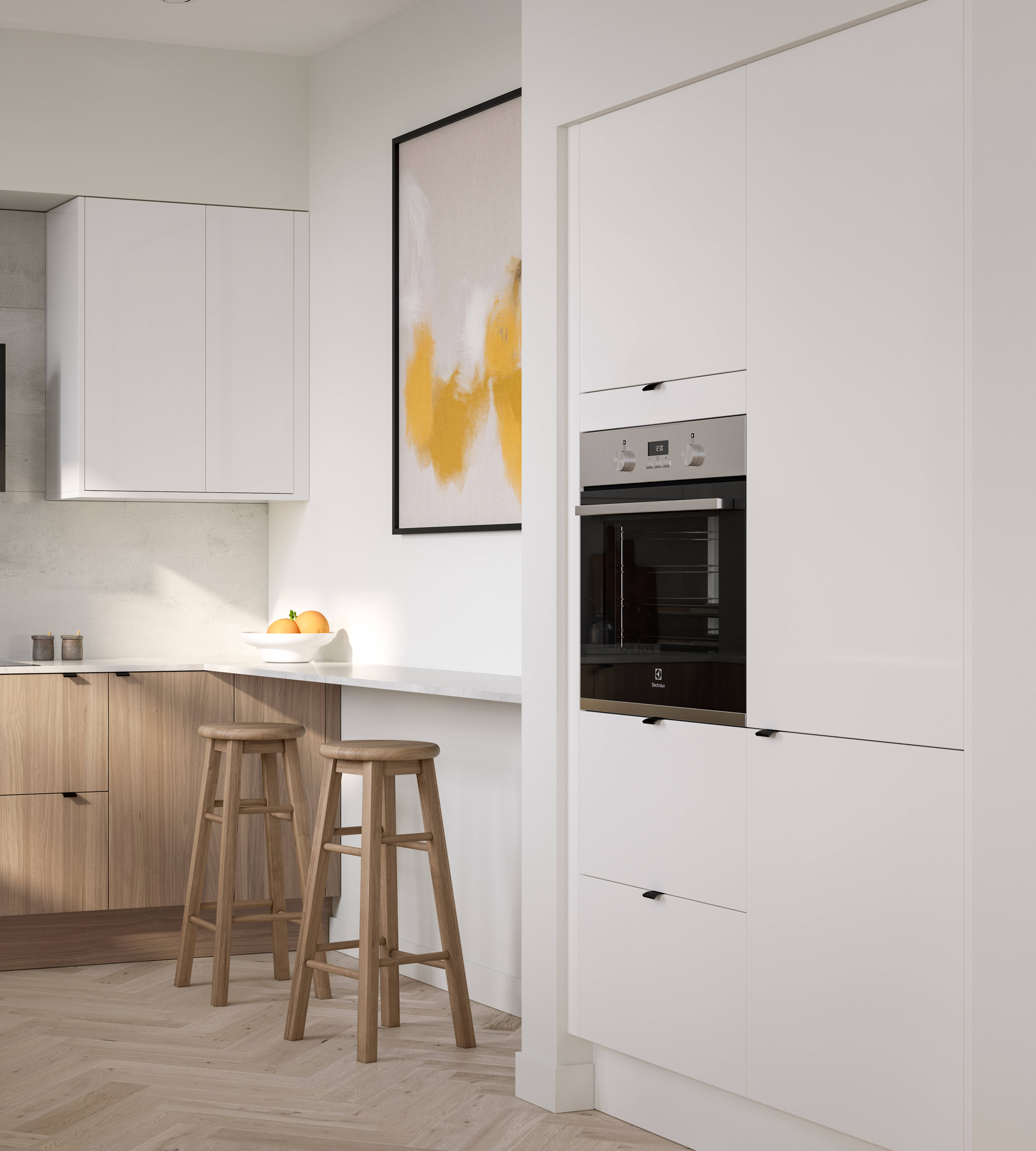 Ascoli kitchen from Magnet with Natural Oak cabinetry, a white worktop, Ascoli Gloss white wall cabinets over countertop and matching tall cabinets with a built-in oven all paired with small black handles, a black tap and black hood.