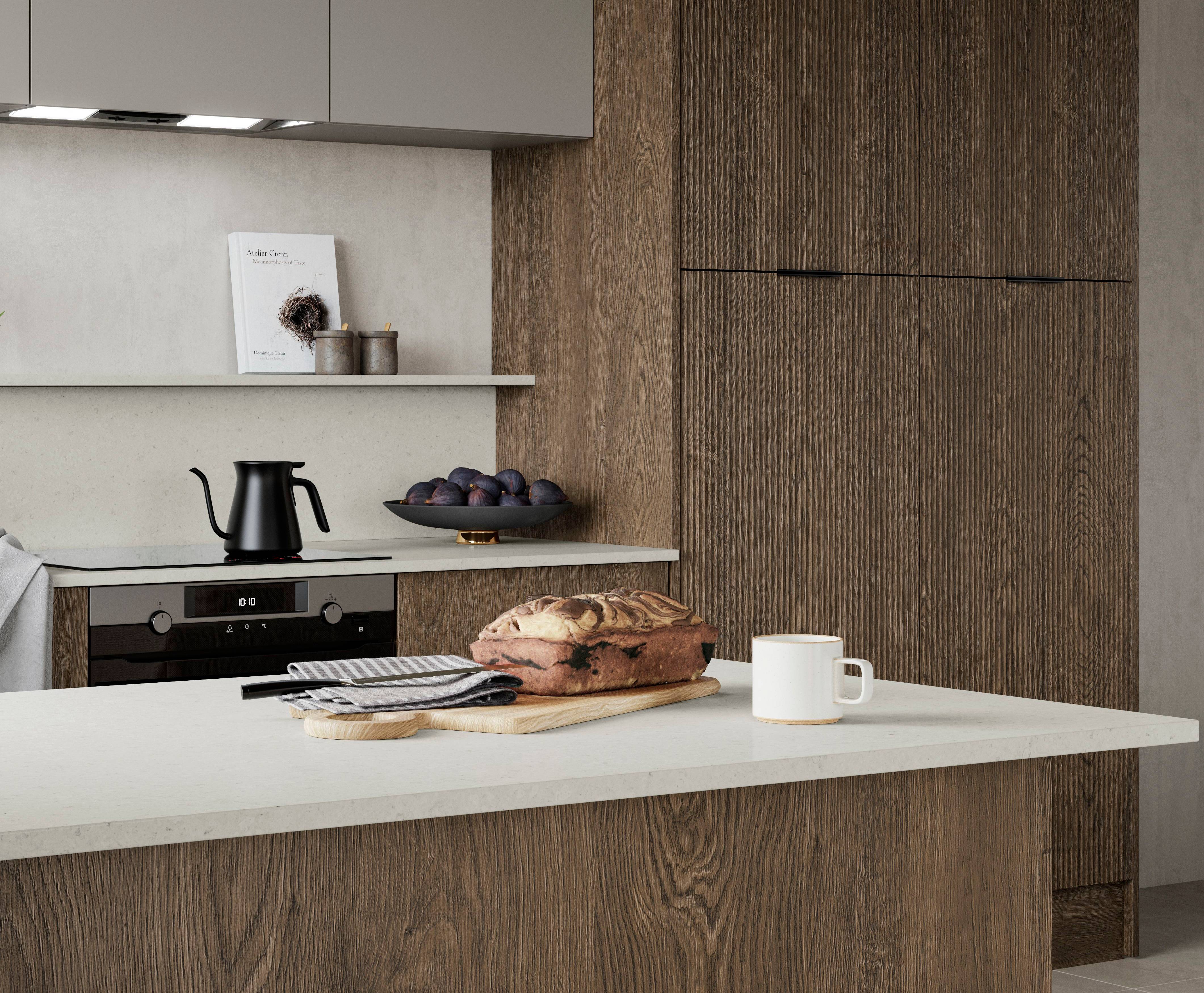 Magnet Kitchens 2021 Nordic Nature range with Fluted oak doors and Integra Hoxton Pebble cabinets with Dekton Aeri worktop
