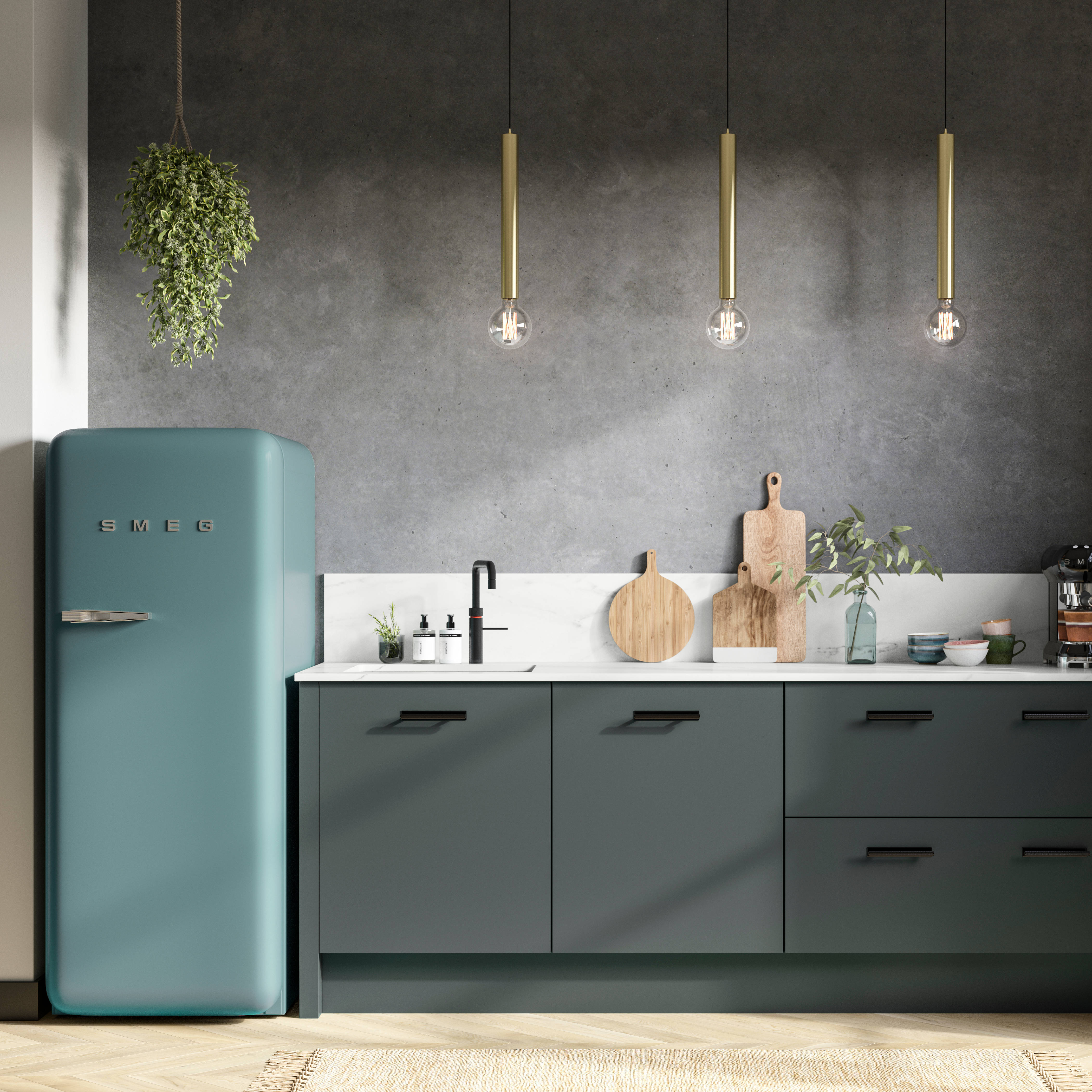 Straight view of modern Soho Arboretum kitchen with black tap and handles, dark grey marbled wall and blue Smeg fridge.