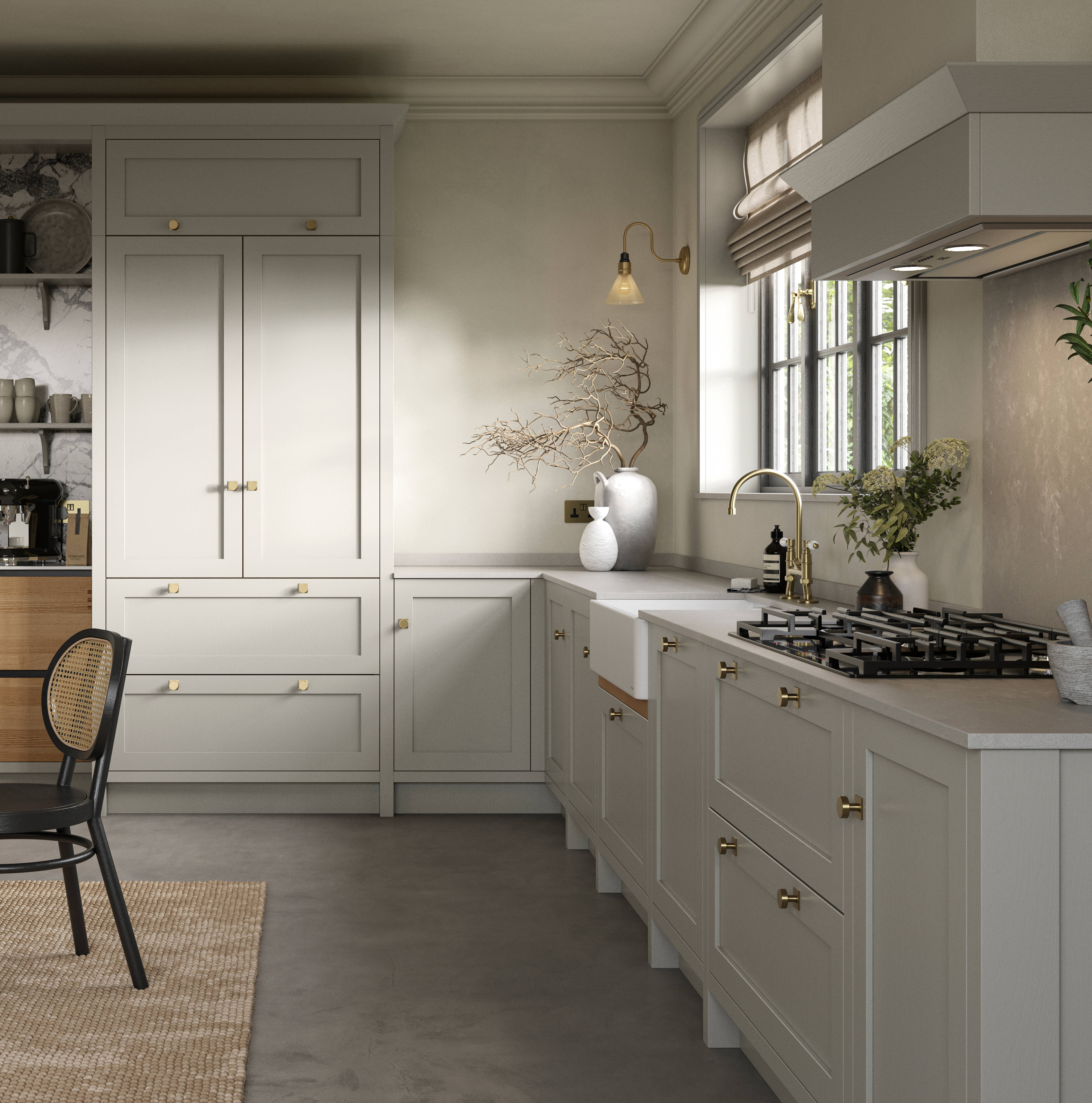 A neutral Shaker kitchen with Pebble and Nordic Craft cabinetry.