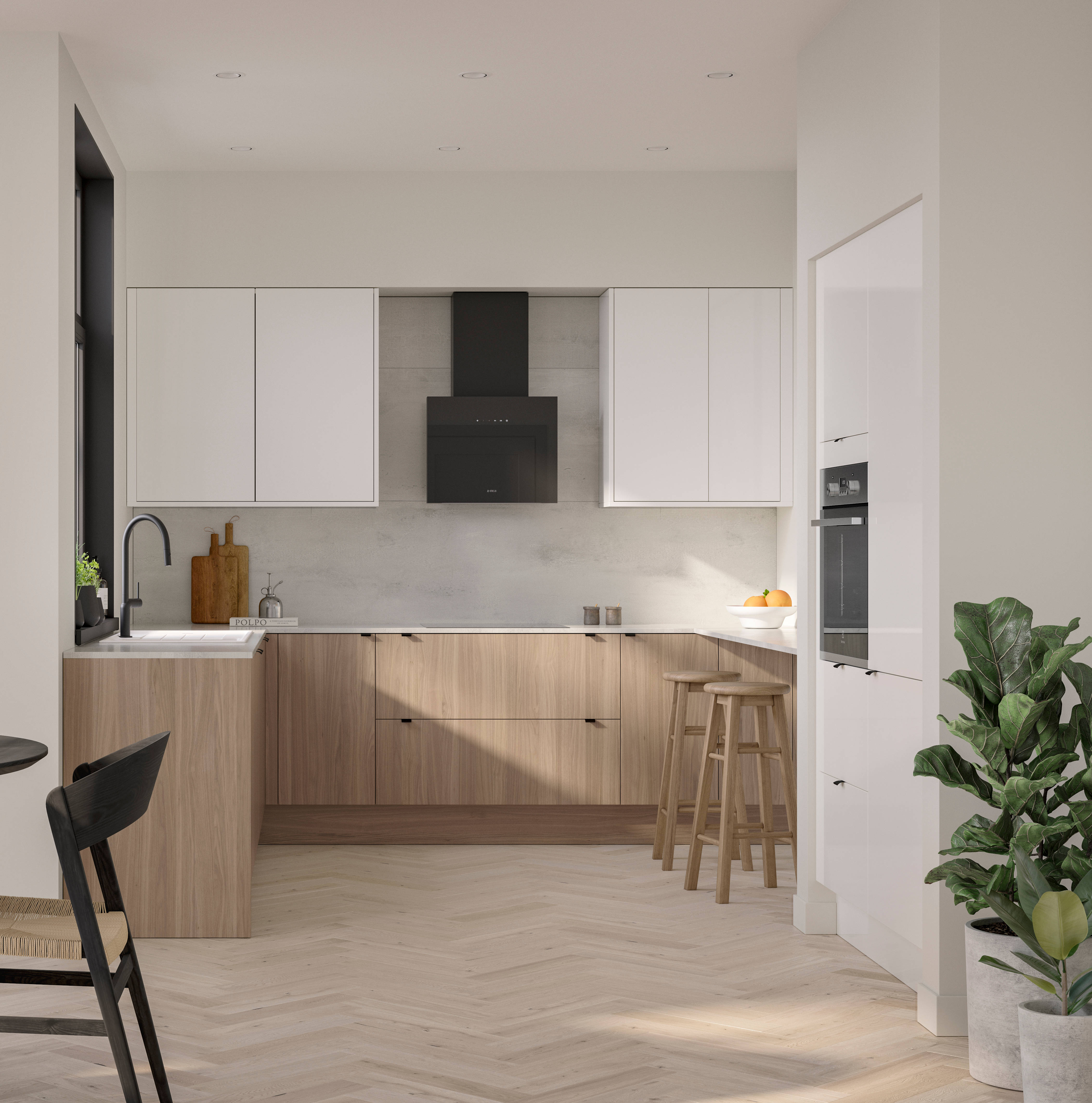 Open floorplan Ascoli kitchen from Magnet with Natural Oak cabinetry, a white worktop, Ascoli Gloss white wall cabinets over countertop and matching tall cabinets with a built-in oven all paired with small black handles, a black tap and black hood.