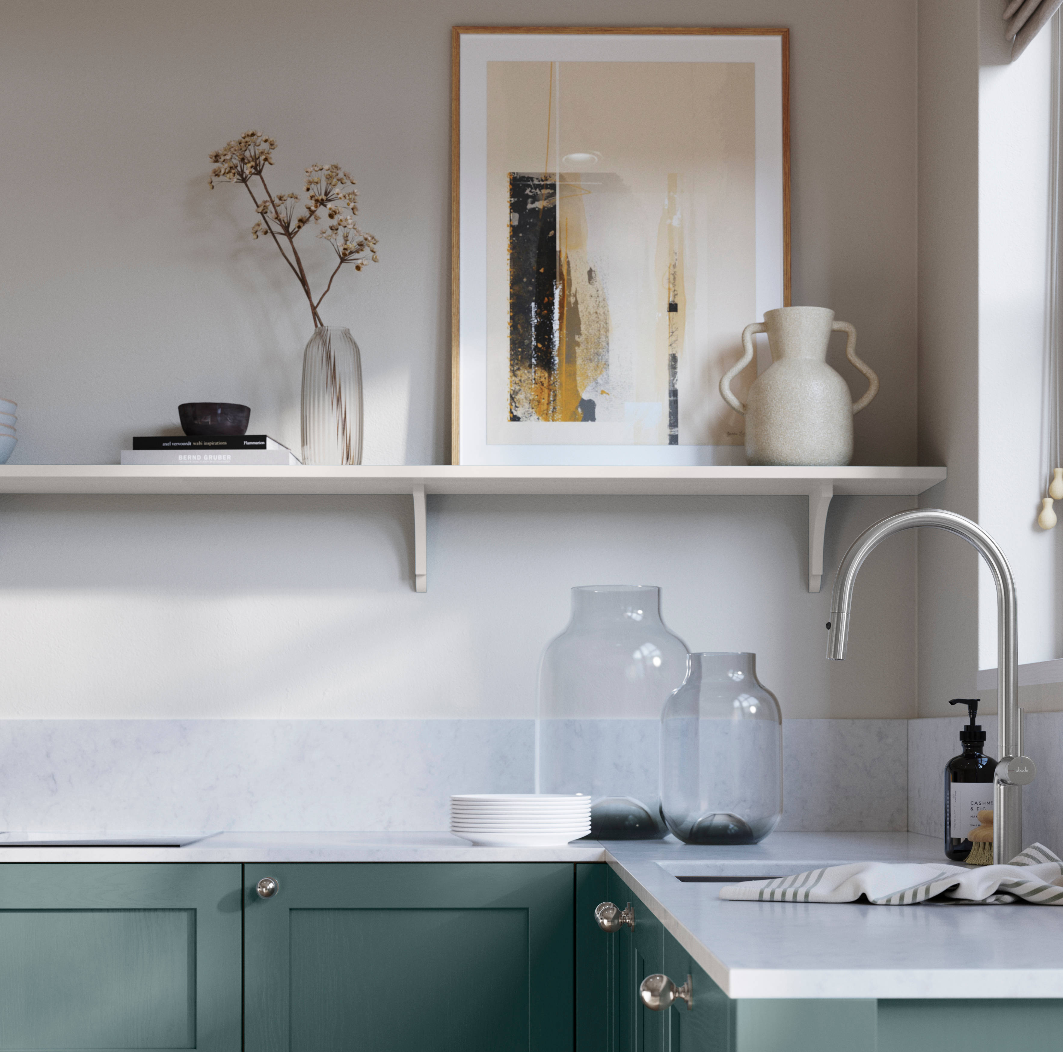 Wardley Morris Blue kitchen cabinetry with steel knobs, steel tap, white marbled worktop and matching backsplash. An open shelf on the wall above cabinets with ceramics and a vase of flowers.