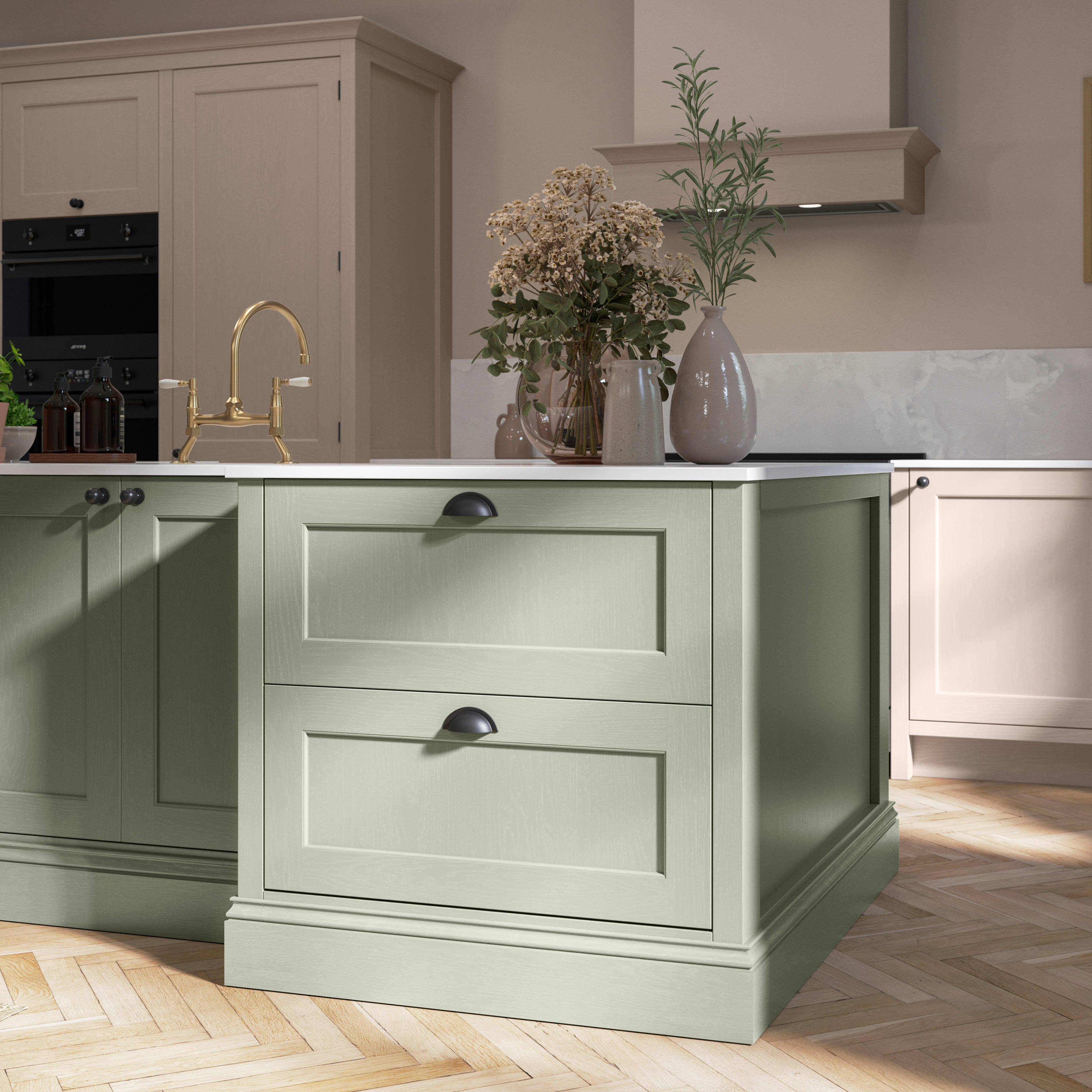 Traditional Shaker-style kitchen range Ludlow with tactile woodgrain in neutral shade Shell with a green Thyme kitchen island.