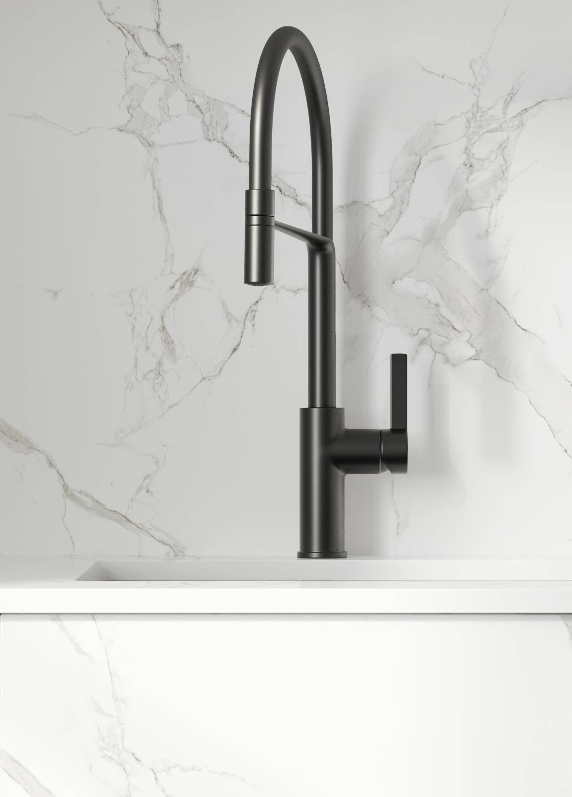 Close-up of sink and black tap in Hoxton Sumi black kitchen