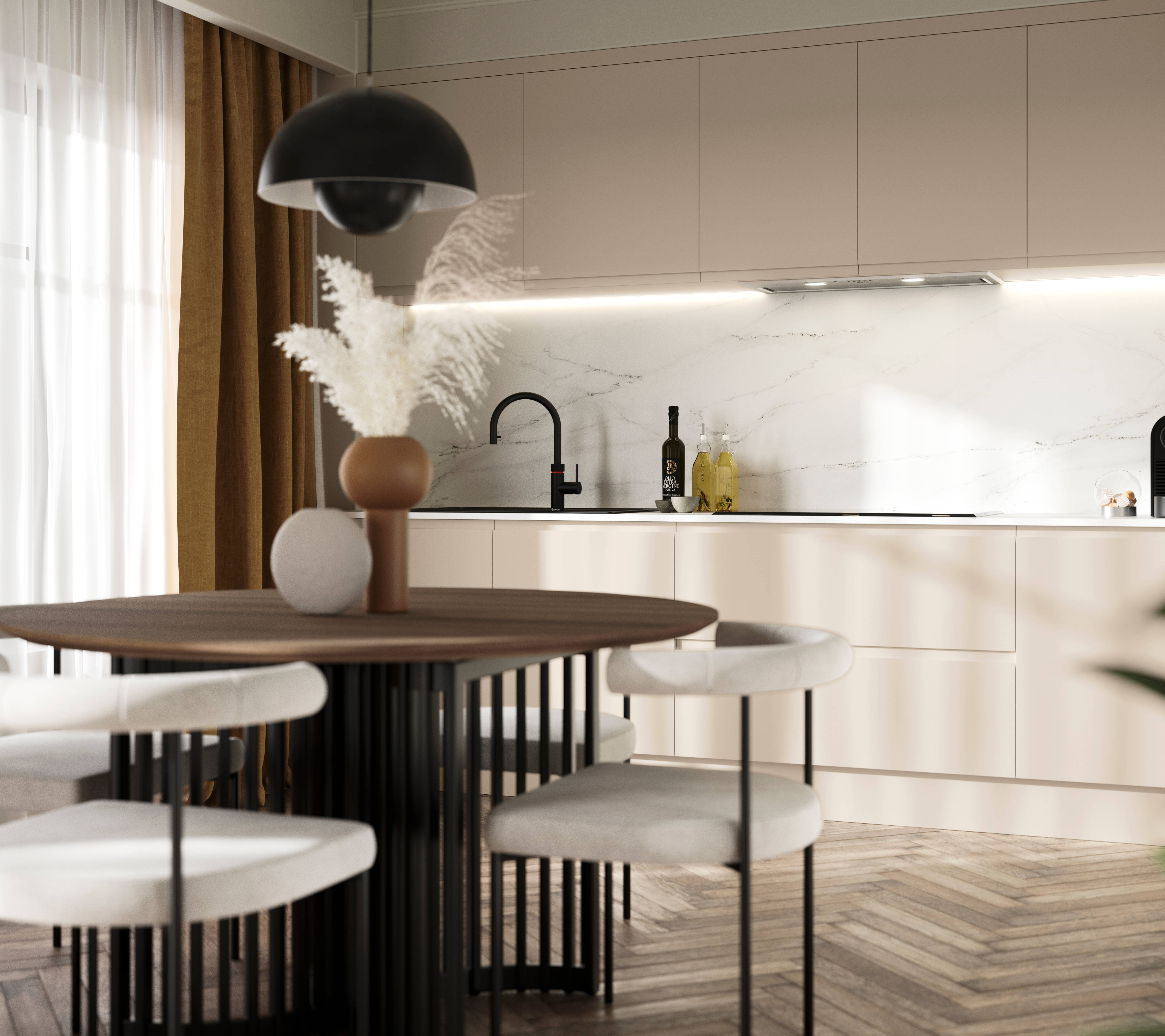 Luna in the shade Pebble is the ideal base for a minimalist kitchen design with its integrated handle that gives any kitchen a beautiful, sleek finish.