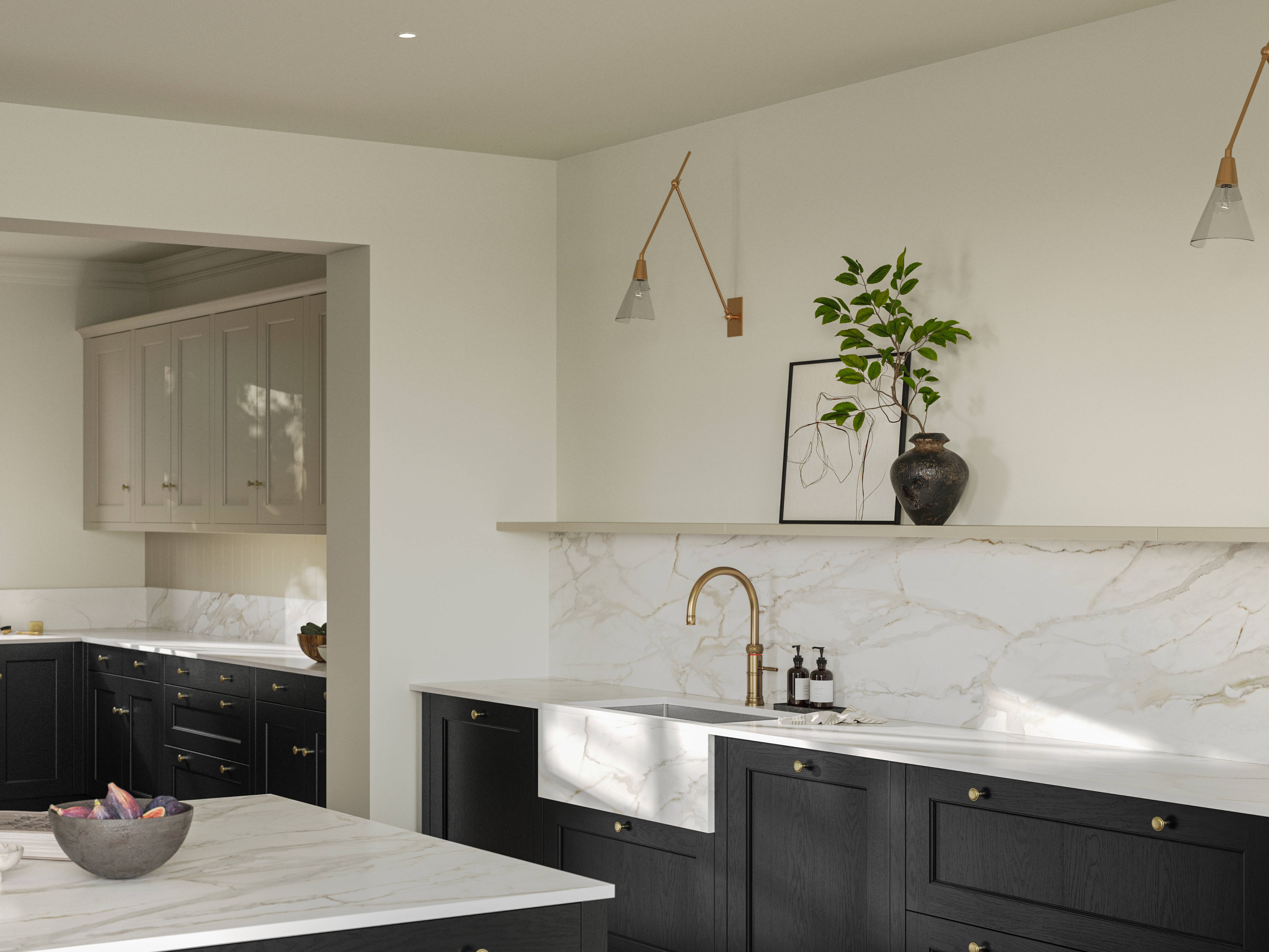Traditional Shaker-style tactile woodgrain Ludlow Sumi Black kitchen with kitchen island, light and airy with brass accessories, marbled white and grey worktop, Ludlow French Clay wall cabinets and Amtico oak stripwood vinyl flooring.