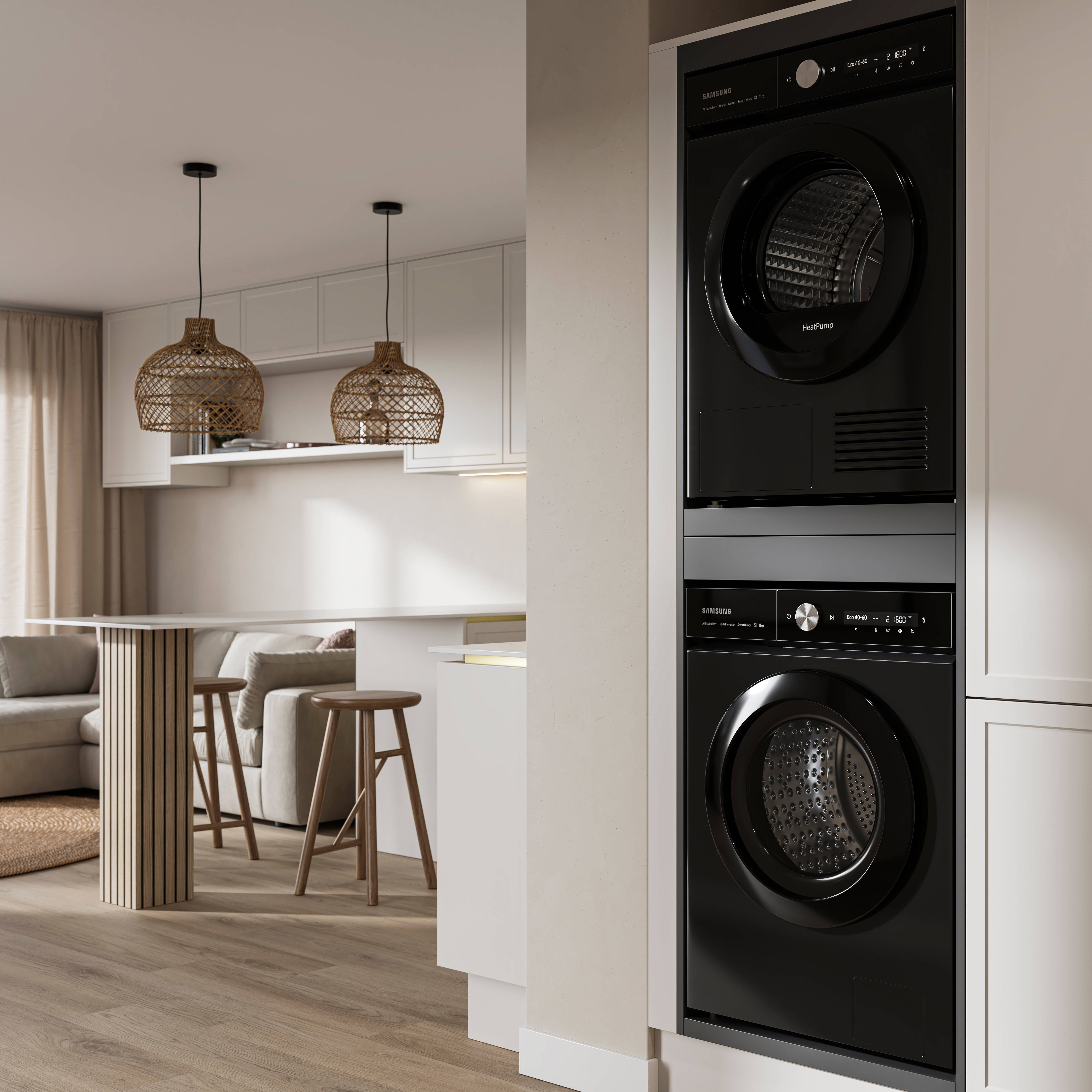 View from utility room with integrated washing machine and tumble dryer of handleless Wabi sabi inspired Integra Brunswick Limestone kitchen combined with living area, wood barstools for breakfast bar, natural materials, Euros oak flooring.