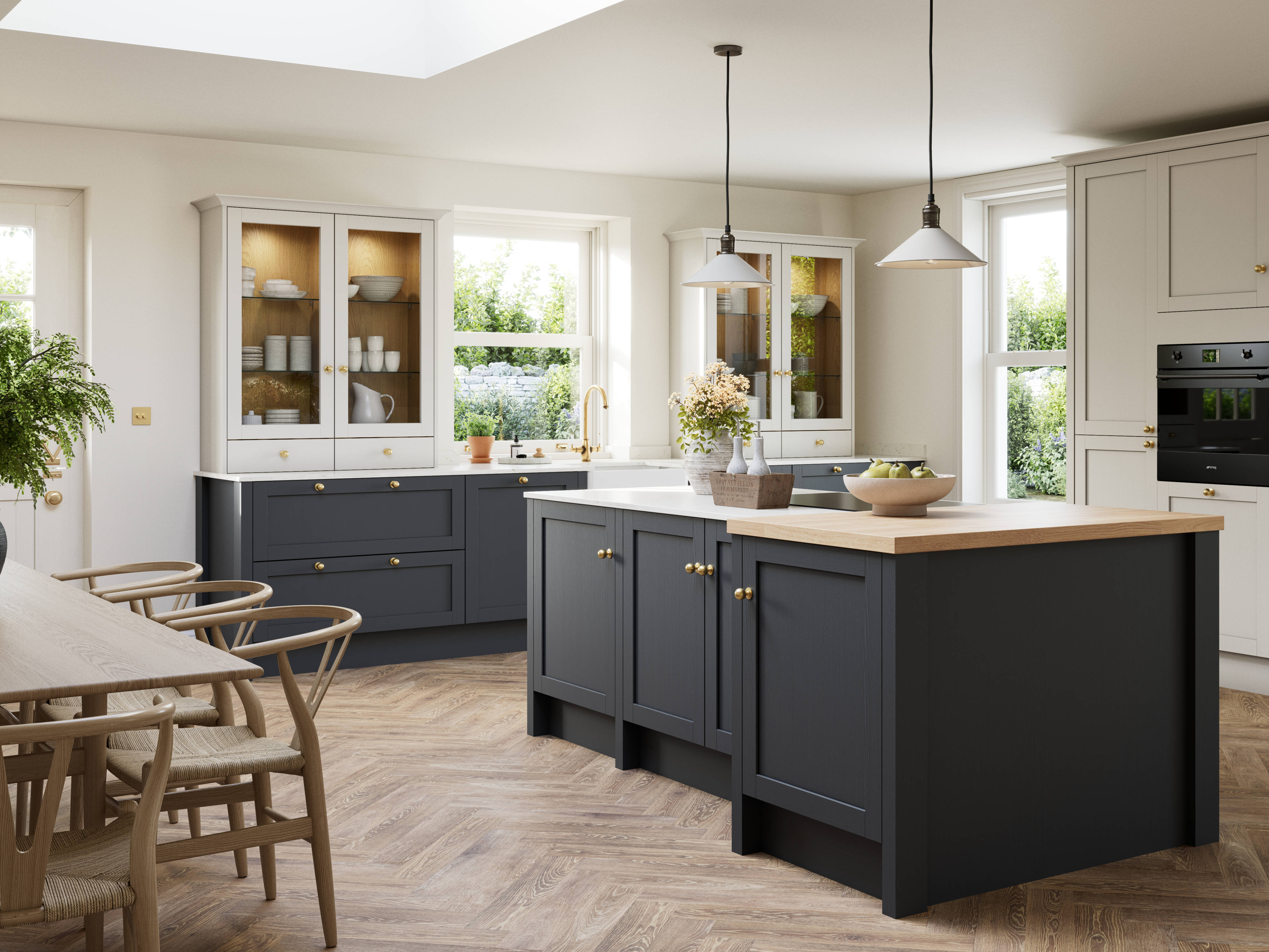 Contemporary Shaker kitchen island Ambleside from Magnet in deep blue shade Lake with beige tall cabinets, herringbone wood flooring and wood diningroom table