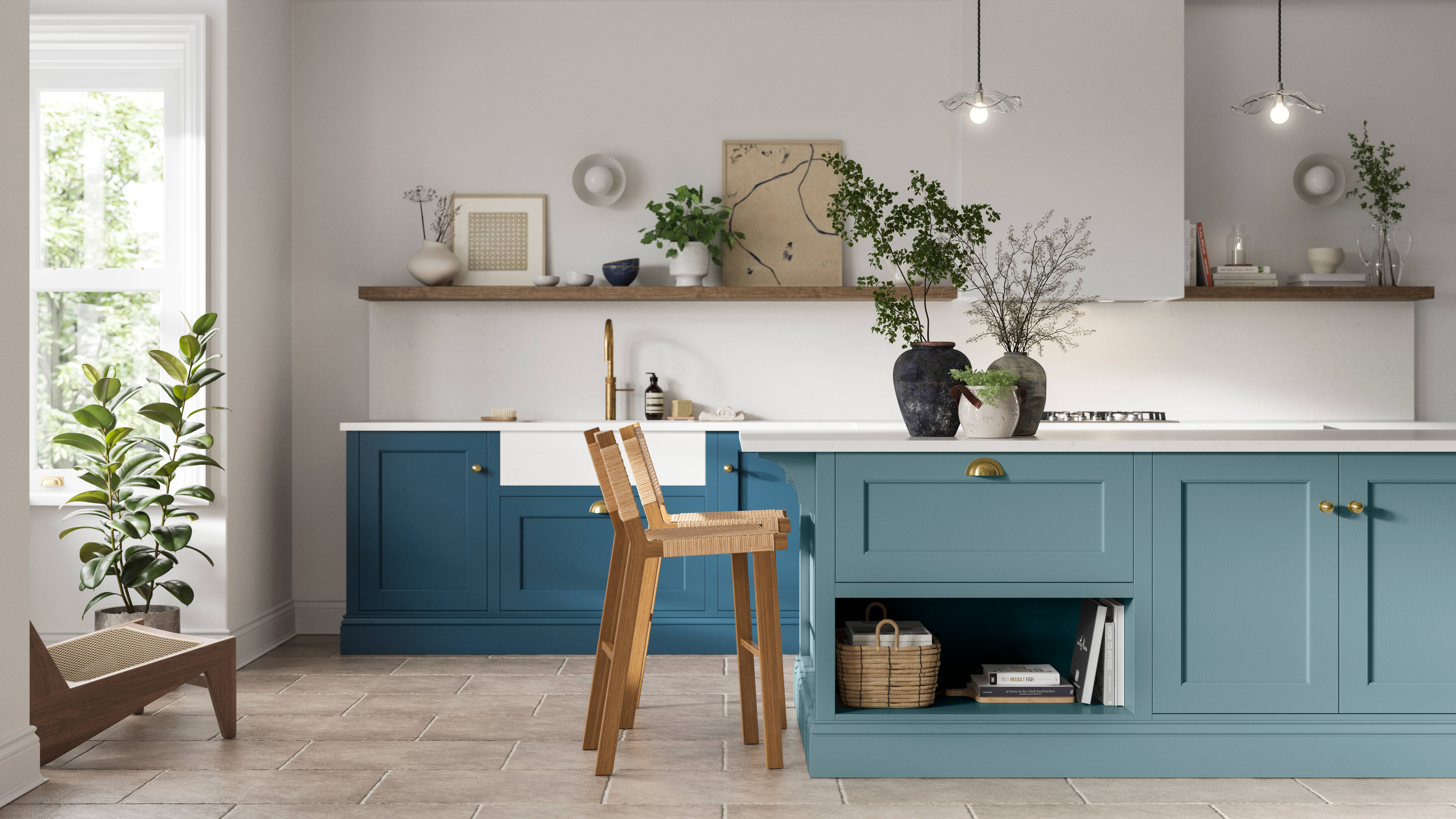 Ludlow in blue shades Sky and Voyage blue, a traditional Shaker-style kitchen range featuring panelled doors with visible woodgrain and beading detail.