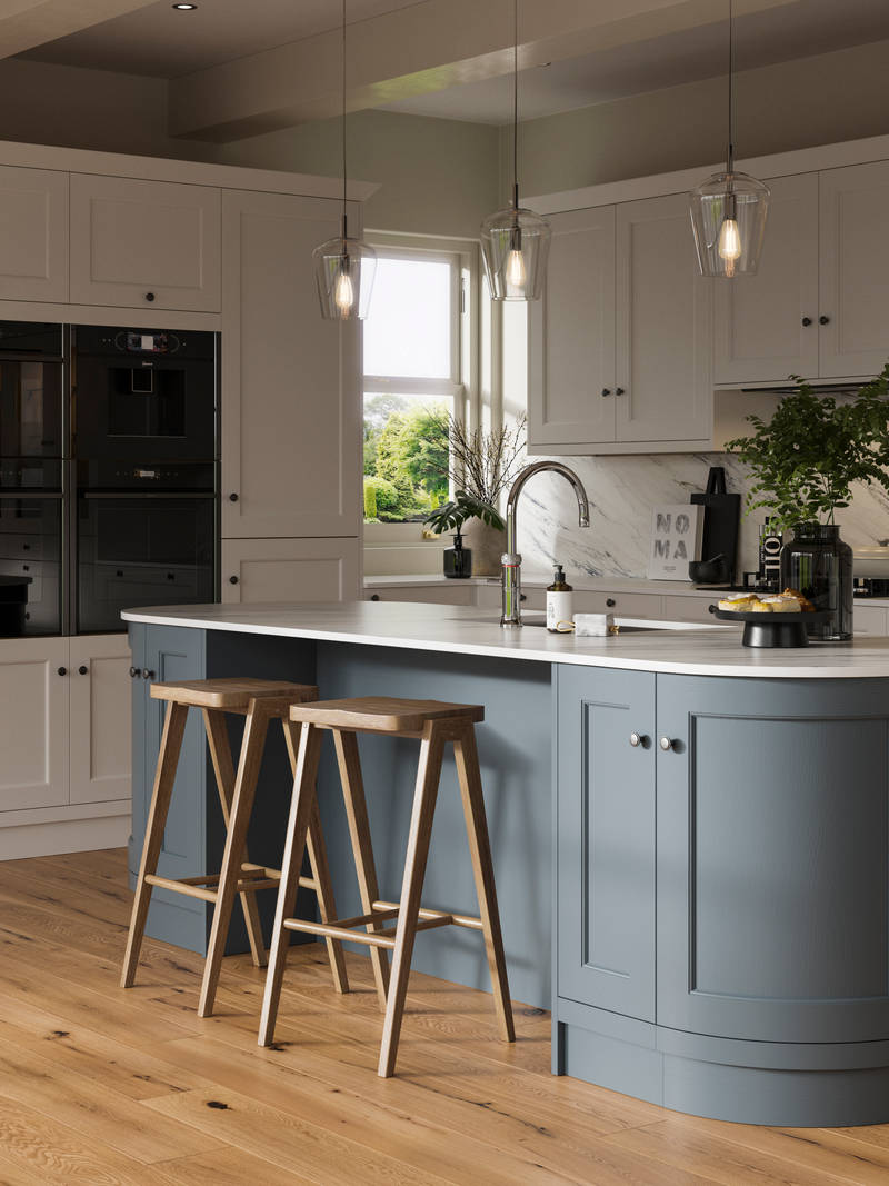 Traditional Shaker-style kitchen range featuring panelled doors with visible woodgrain and beading detail