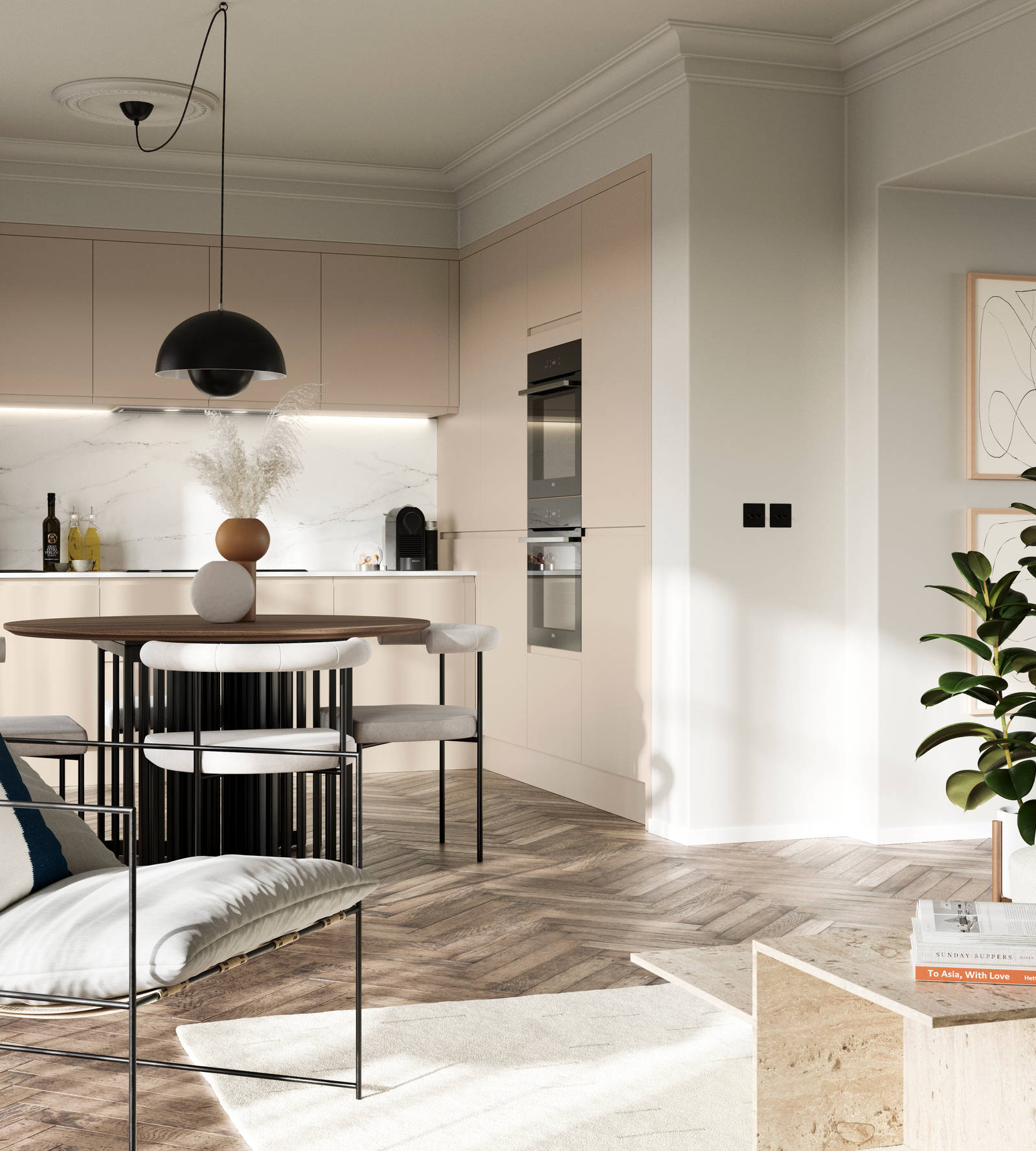 Luna in the shade Pebble is the ideal base for a minimalist kitchen design with its integrated handle that gives any kitchen a beautiful, sleek finish.
