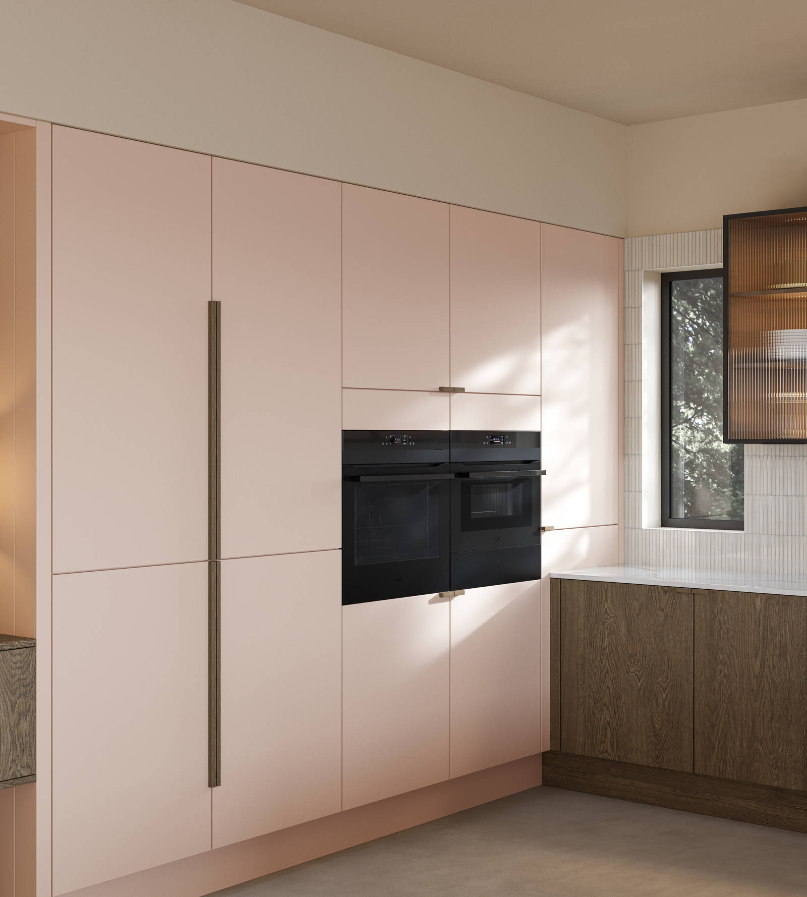 Soho cabinets in shade Chalk Blush, matched with fluted glass display cabinets and oak front cabinetry in Nordic Nature.