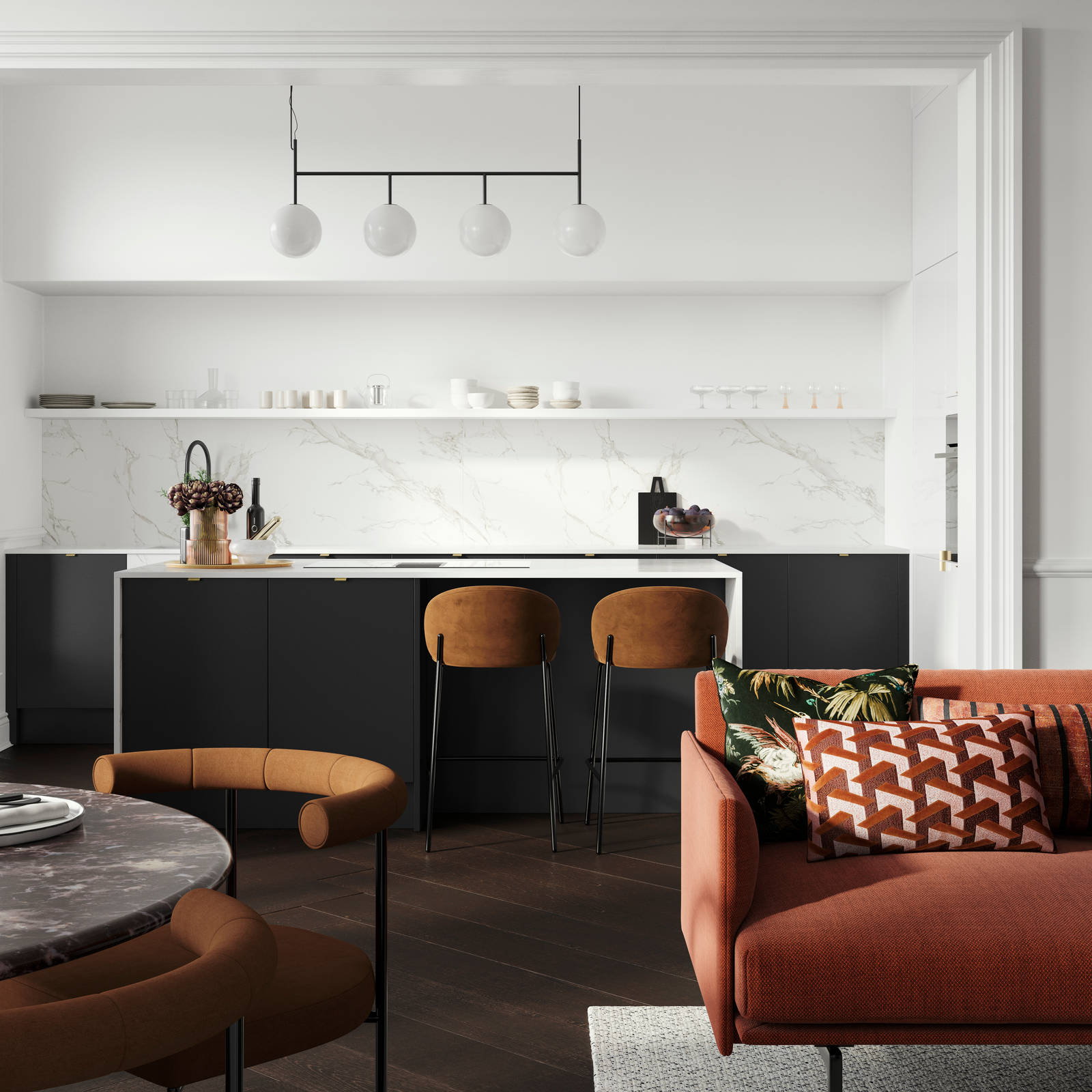 Minimal maximalism with Magnet's Hoxton kitchen in Sumi Black, combined with white marbled worktop and splashbacks and colourful interiors.