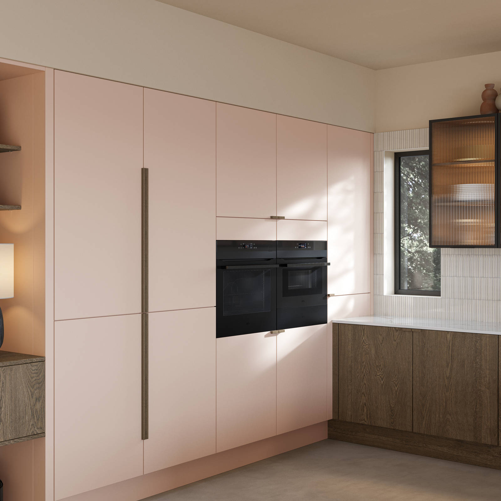 Soho cabinets in shade Chalk Blush, matched with fluted glass display cabinets and oak front cabinetry in Nordic Nature.