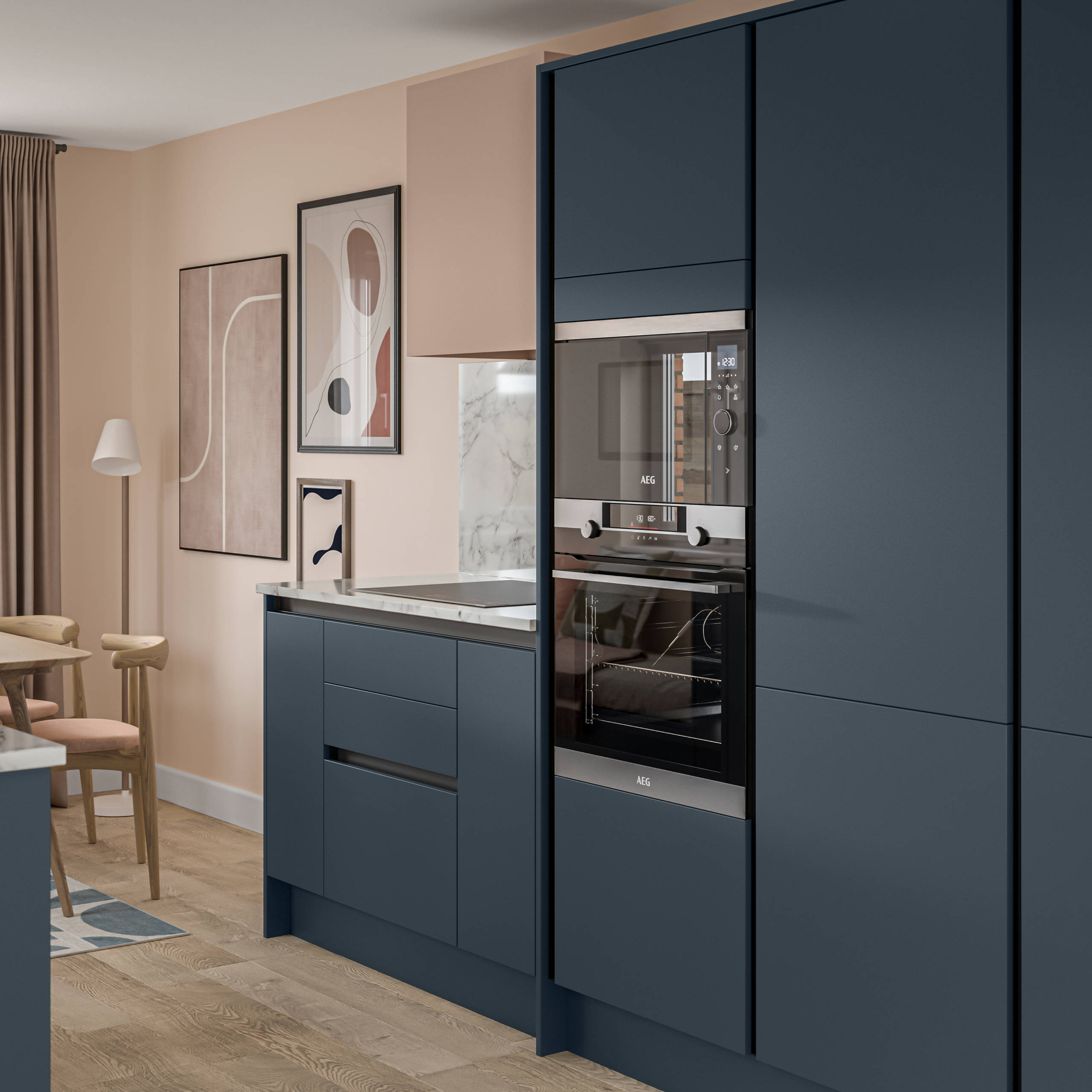 Handleless Integra Ascoli Mineral Blue, a dark blue kitchen with built-in ovens in tall cabinetry, an induction hob in white and grey marbled worktop with matching upstand.