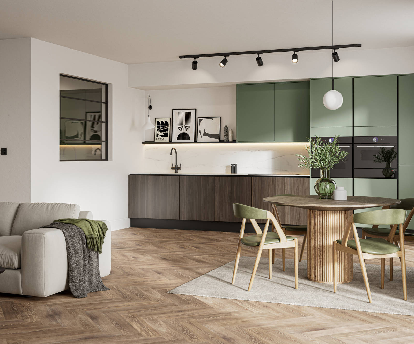 Integra Ascoli Woodland green, matt green slab fronts on handleless cabinets with white and grey marble worktop, matching upstand paired with wood front cabinets