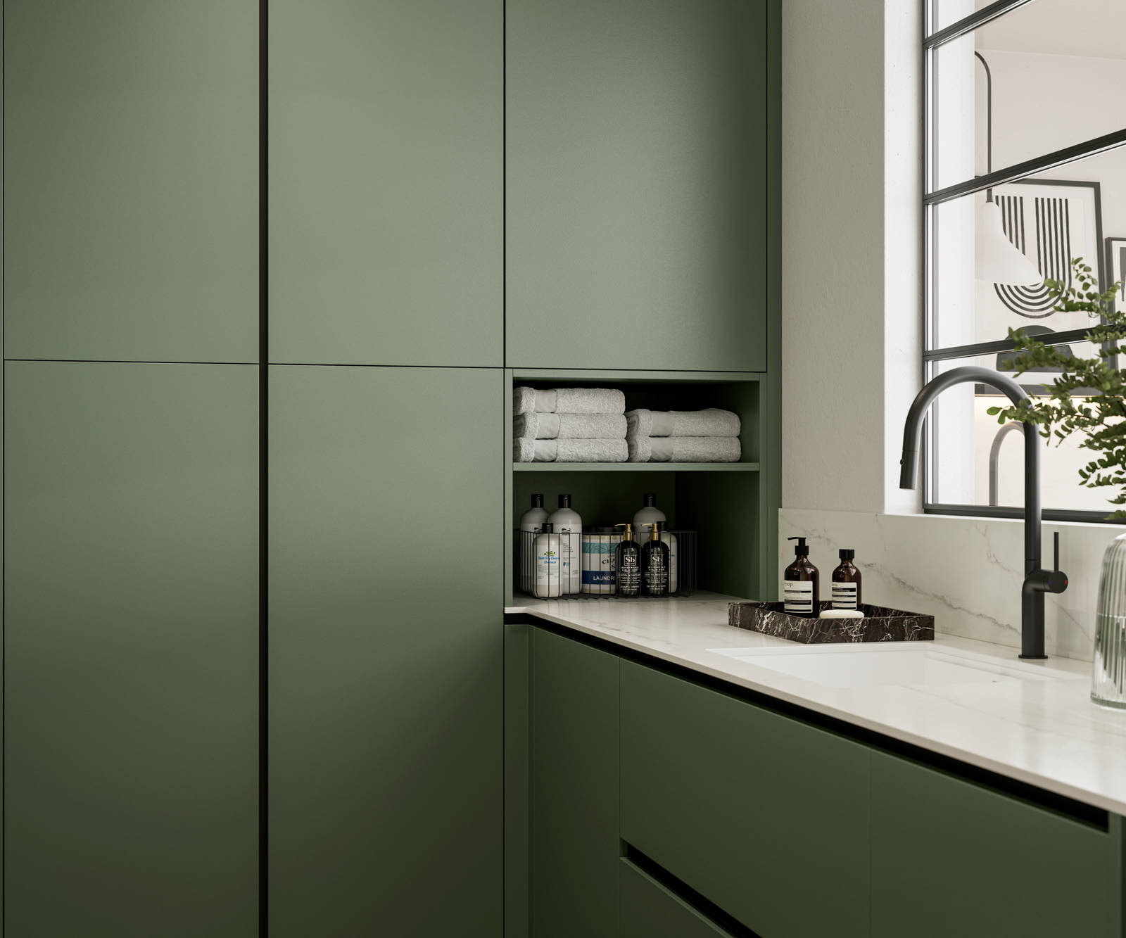 Integra Ascoli Woodland green, matt green slab fronts on handleless cabinets with white and grey marble worktop, matching upstand