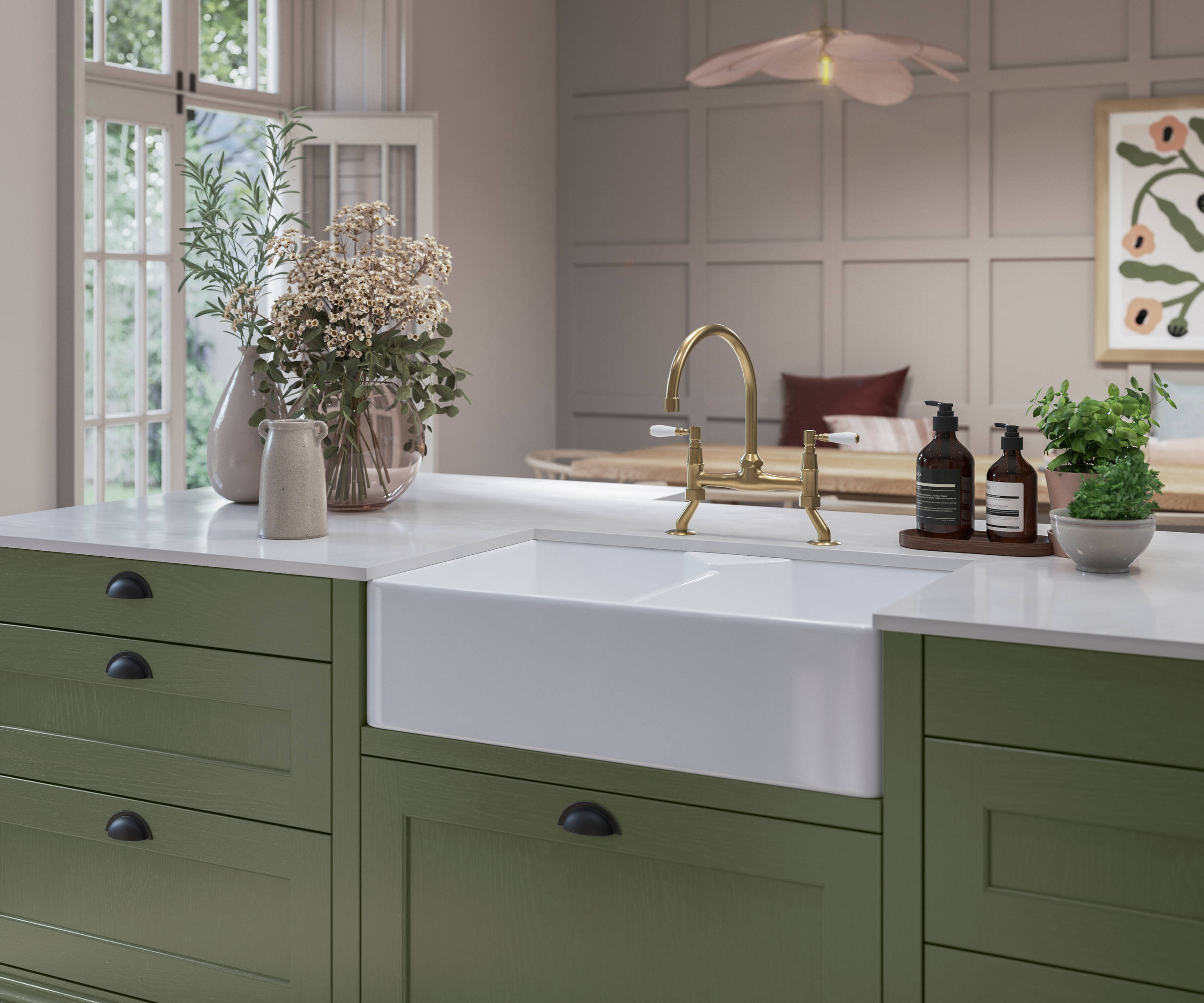 Traditional Shaker-style kitchen range Ludlow with tactile woodgrain, green Thyme kitchen island.